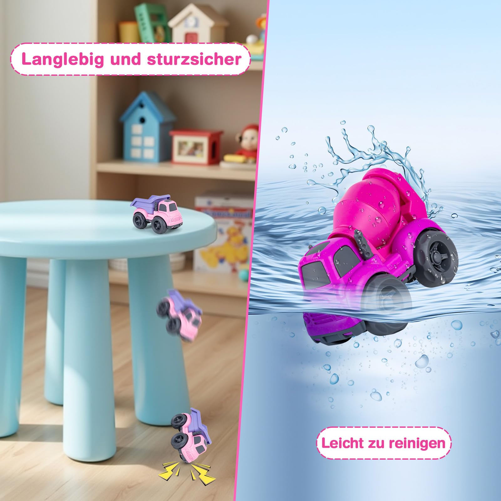 Giochi Bambini 1-3 Anni | Camion Costruzione (Betoniere + Autocarro) – Giocattolo Ecologico in Paglia Naturale e Plastica Riciclata | Ideale per Spiaggia, Giardino e Sabbia | Facile da Lavare （Rosa）