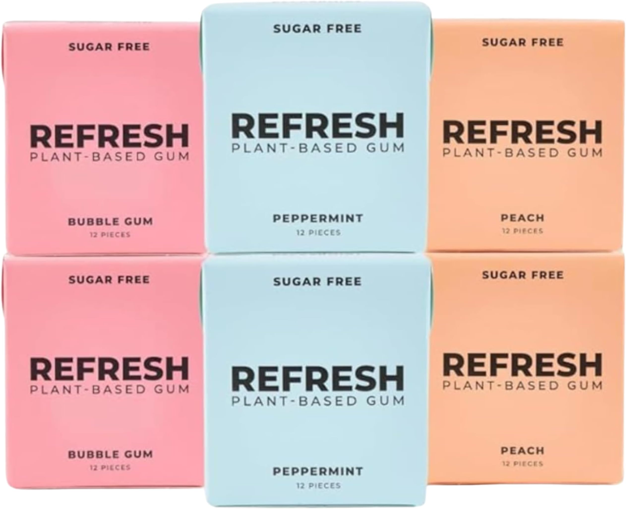 Refresh Gum, Xylitol, Sugar Free, Natural, Long Lasting Chewing Gum, Natural Flavors & Organic Ingredients, Plant-Based, Non GMO, Gluten Free, Vegan, Peppermint, Bubble Gum & Peach, 12 Pcs, 6 Pack
