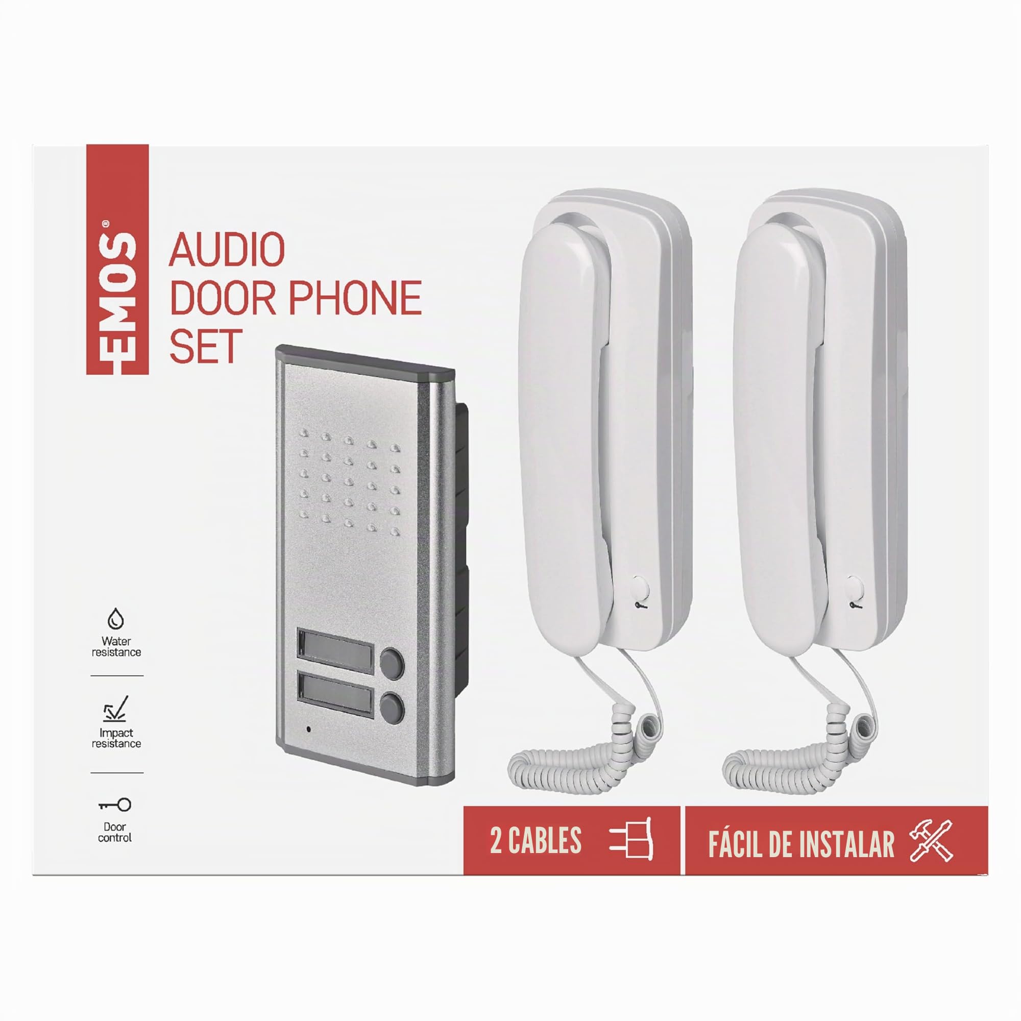 EMOS Juego de intercomunicador de Audio para Dos participantes, Montaje en Superficie, diseño Elegante, intercomunicador/Kit de Audio con Posibilidad de Abrir Puertas, fácil de Usar