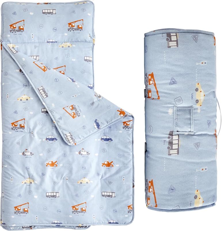 Cotton Toddler Nap Mat for Boys,Roll Up Slumber Bags Cars Pattern,Toddler Nap Mat with Removable Pillow and Blanket, Kids Sleeping Mat for Daycare,Preschool and Kindergarten-Blue