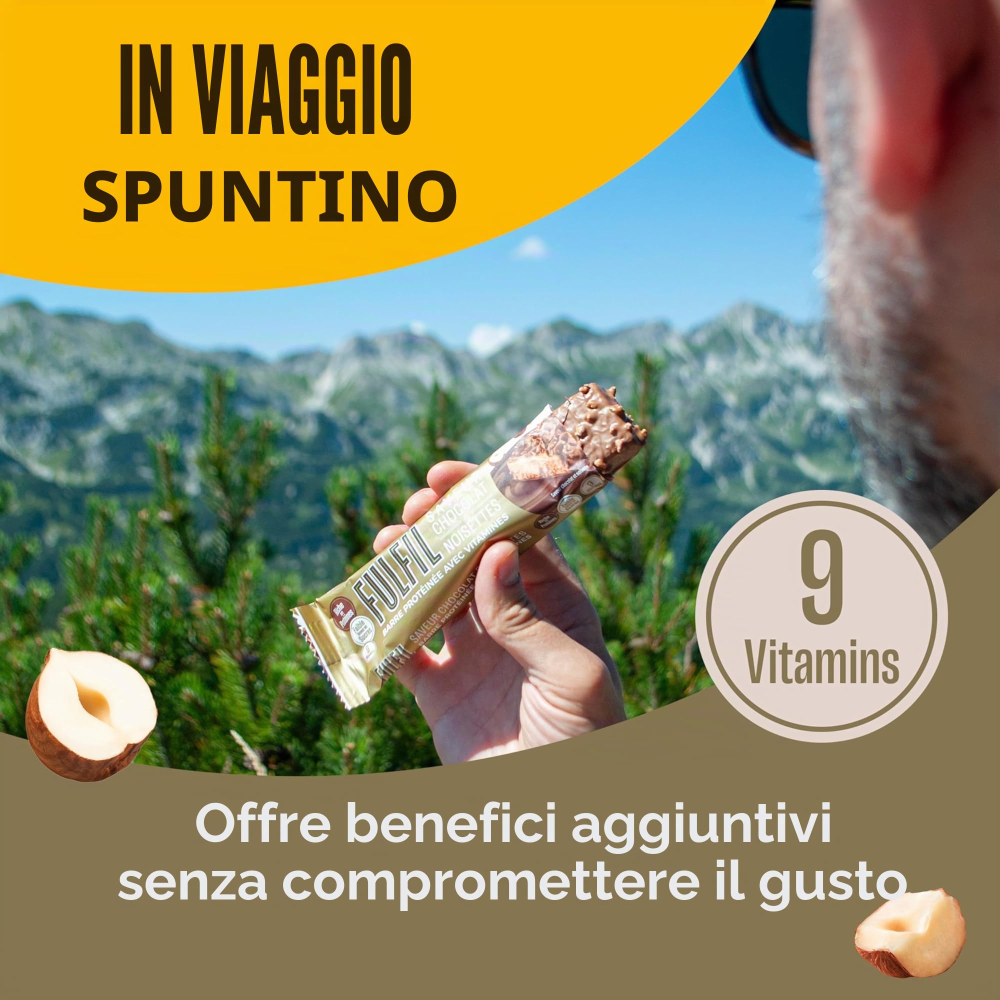 Fulfil Barretta Vitamine e Proteine (15 x 55 g) Barrette Cioccolato Nocciola Frusta Gusto 20 g Alto Proteine, 9 Vitamine, Basso Zucchero
