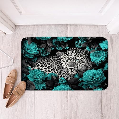Miniatura 4 de Alfombra de leopardo 3D verde azulado con estampado de guepardo para niños, animales de safari africanos al aire libre, alfombra novedosa para