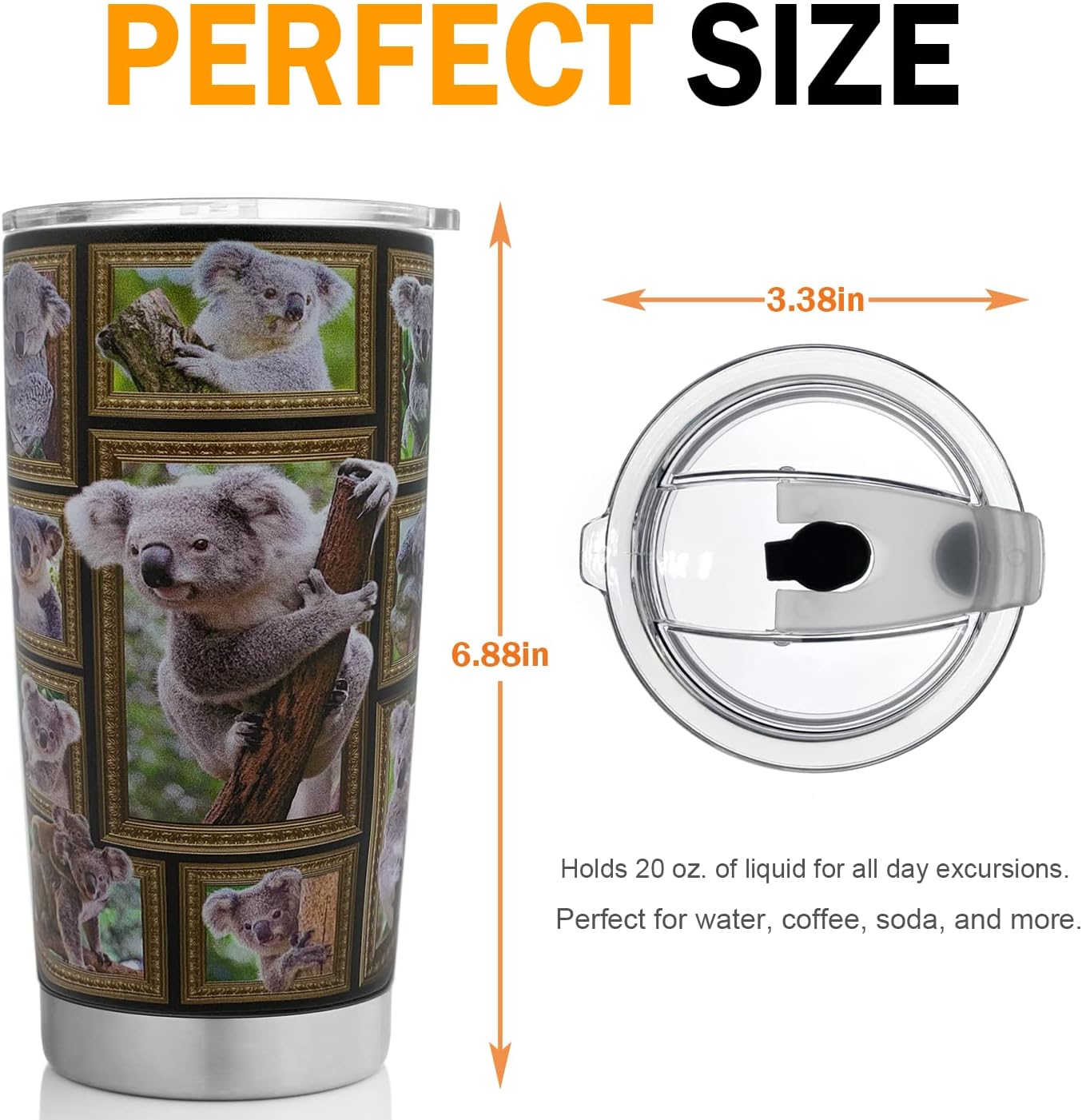 Koala Tumbler Cup with Lid Spill Proof Iced Coffee Travel Mug Insulated Stainless Steel Water Bottle 20 Oz Cold Drink Thermal Cups