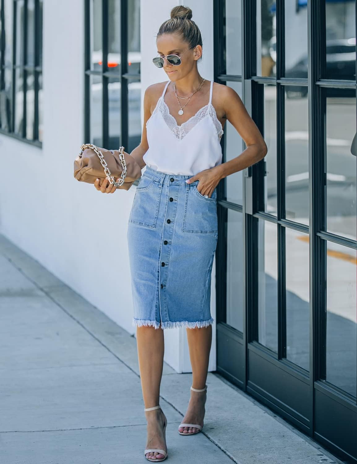 luvamia Women's Casual Mid Rise Button Down Frayed Raw Hem Denim Jean Midi Skirt - Image 3