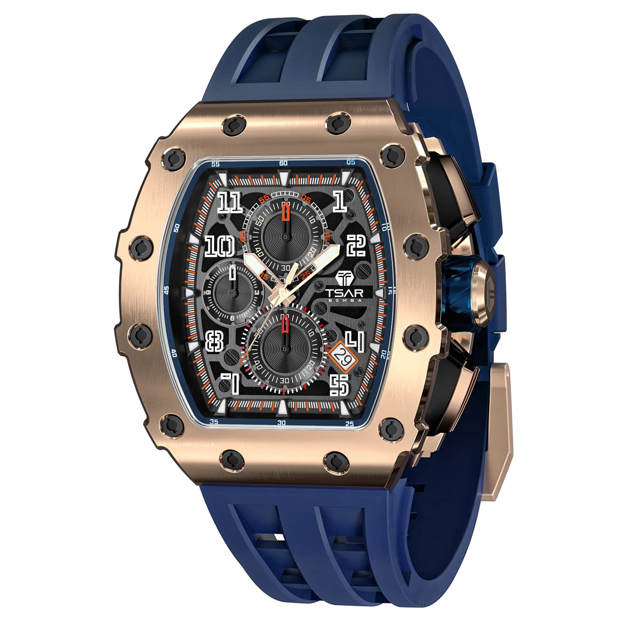 TSAR BOMBAMen's Watch Luxury Square Tonneau 50M Waterproof Stainless Steel Sapphire Chronograph Date Multifunction Japanese Quartz Movement Fashion Unique Cool Design Elegant Gift Rubber Strap Watch