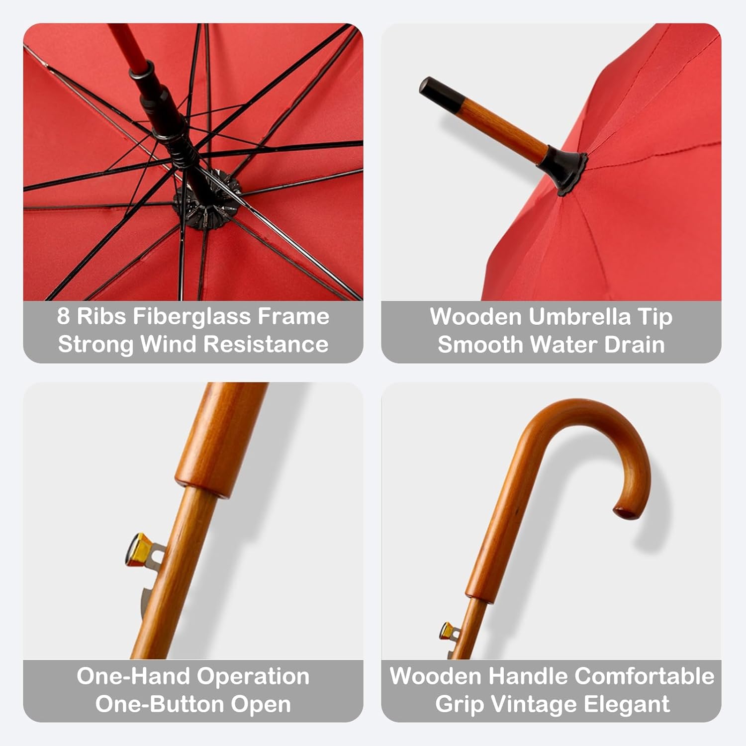 Large Windproof Umbrella, Wooden J-Shaped Handle Umbrella for Rain, Vintage, Waterproof, Sun UV Protection, 8-Rib, Classic Stick Umbrella for Commuting, Travel, Wedding