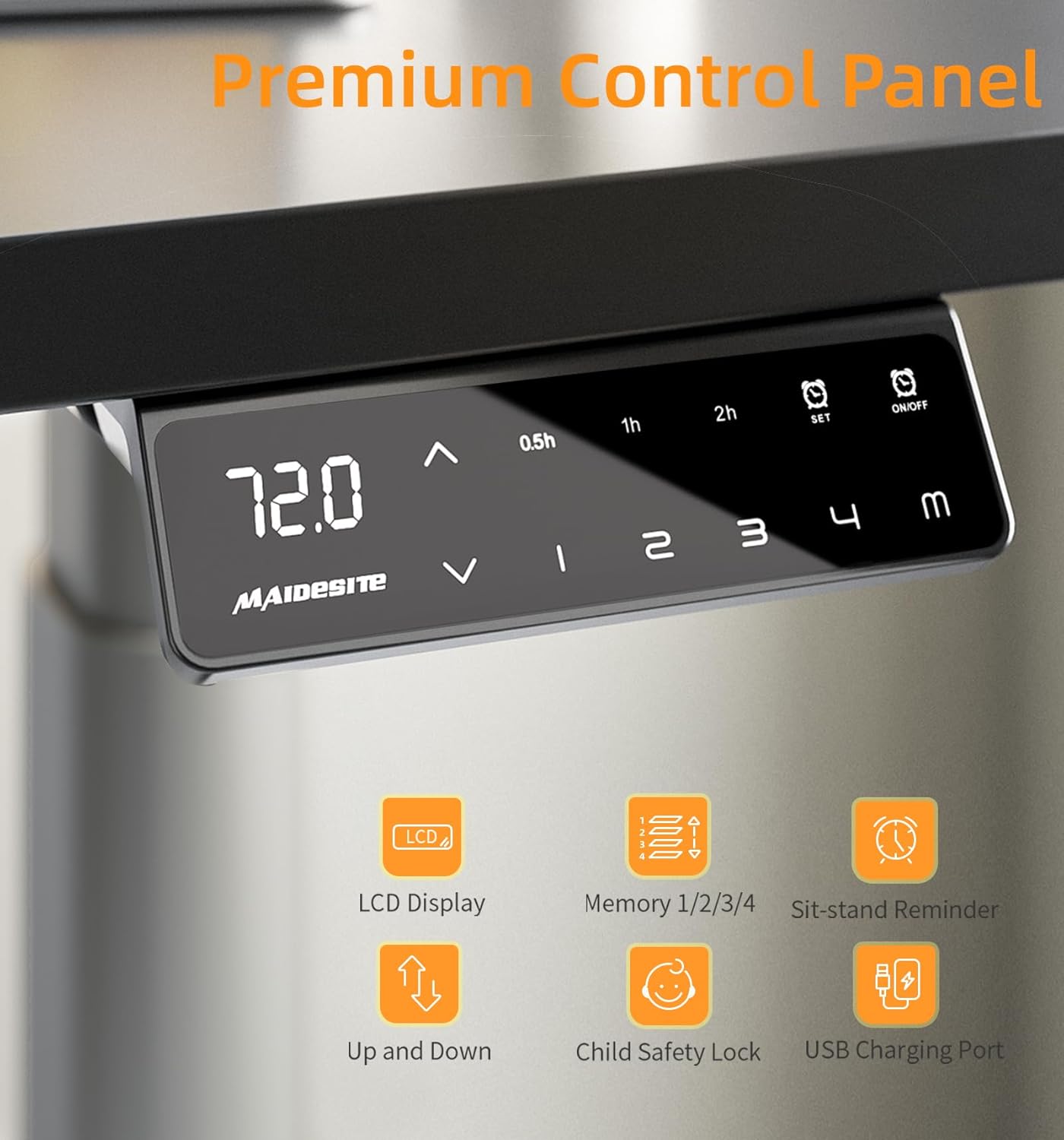Close-up of the MAIDeSITe EL2 Pro Art desk's premium control panel with LCD display, memory buttons, and USB charging port.