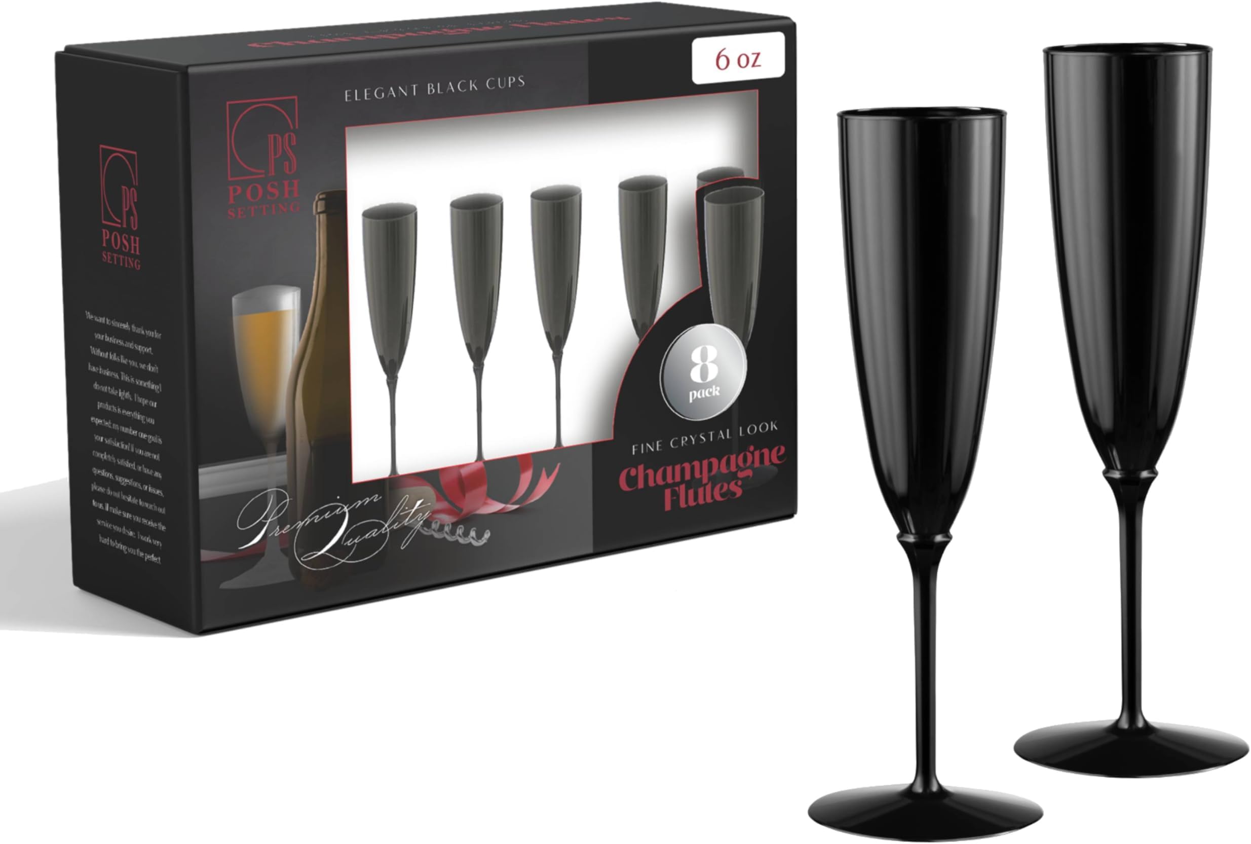 Posh Setting 6 oz Plastic Champagne Flutes - Black Disposable Champagne Toasting Glasses for Parties, Weddings, Durable Reusable Fancy Stemmed Cups - Plastic Wine Glasses, Plastic Flutes - 8 Pack