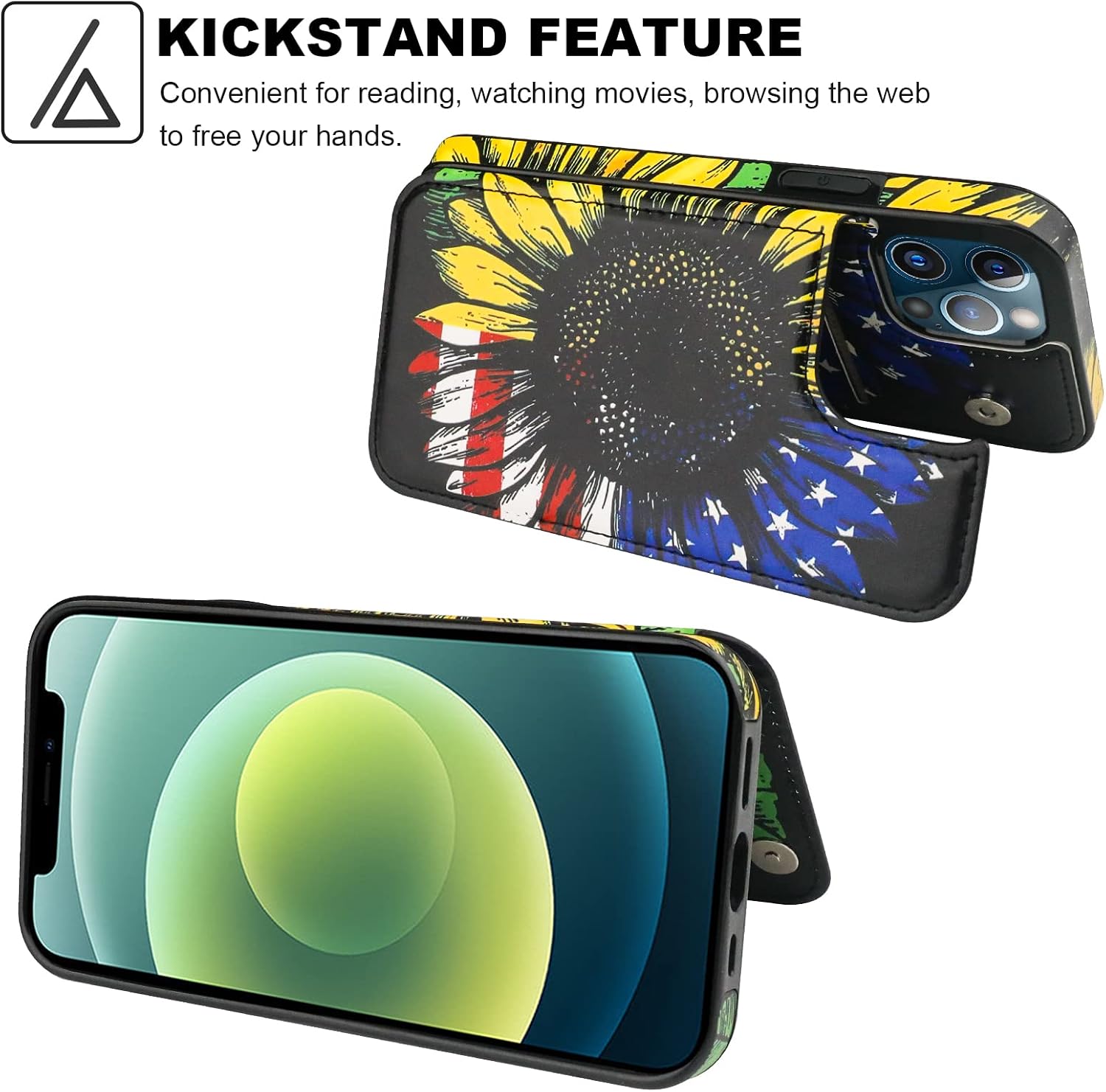 HAOPINSH Wallet Case Card Holder for iPhone 12/12 Pro, US Flag Sunflowers image 5
