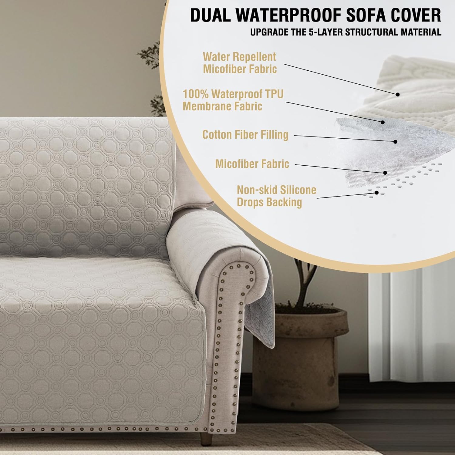 PrinceDeco 100% Waterproof Sofa Covers Couch Cover Sofa Cover for Dogs Couch Protector Triple Non-Slip Sofa Slipcover for 3 Cushion Couch Furniture Protector Pet Dog Friendly (Sofa 68'',French Oak) - Image 3