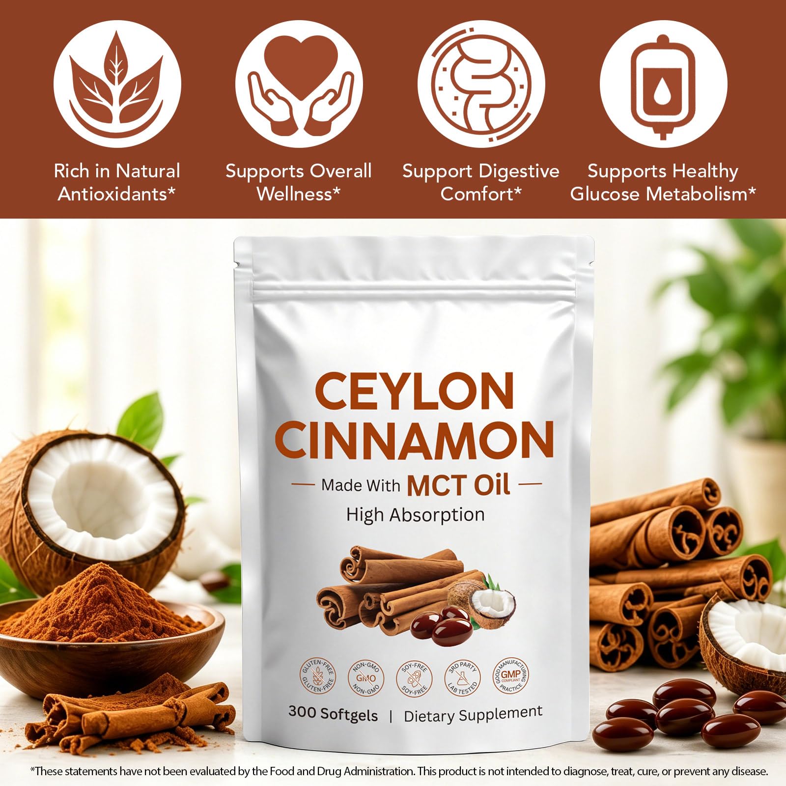 Ceylon Cinnamon with MCT Oil, 300 Softgels, Highly Bioavailable, Non-GMO — Amazon image 2