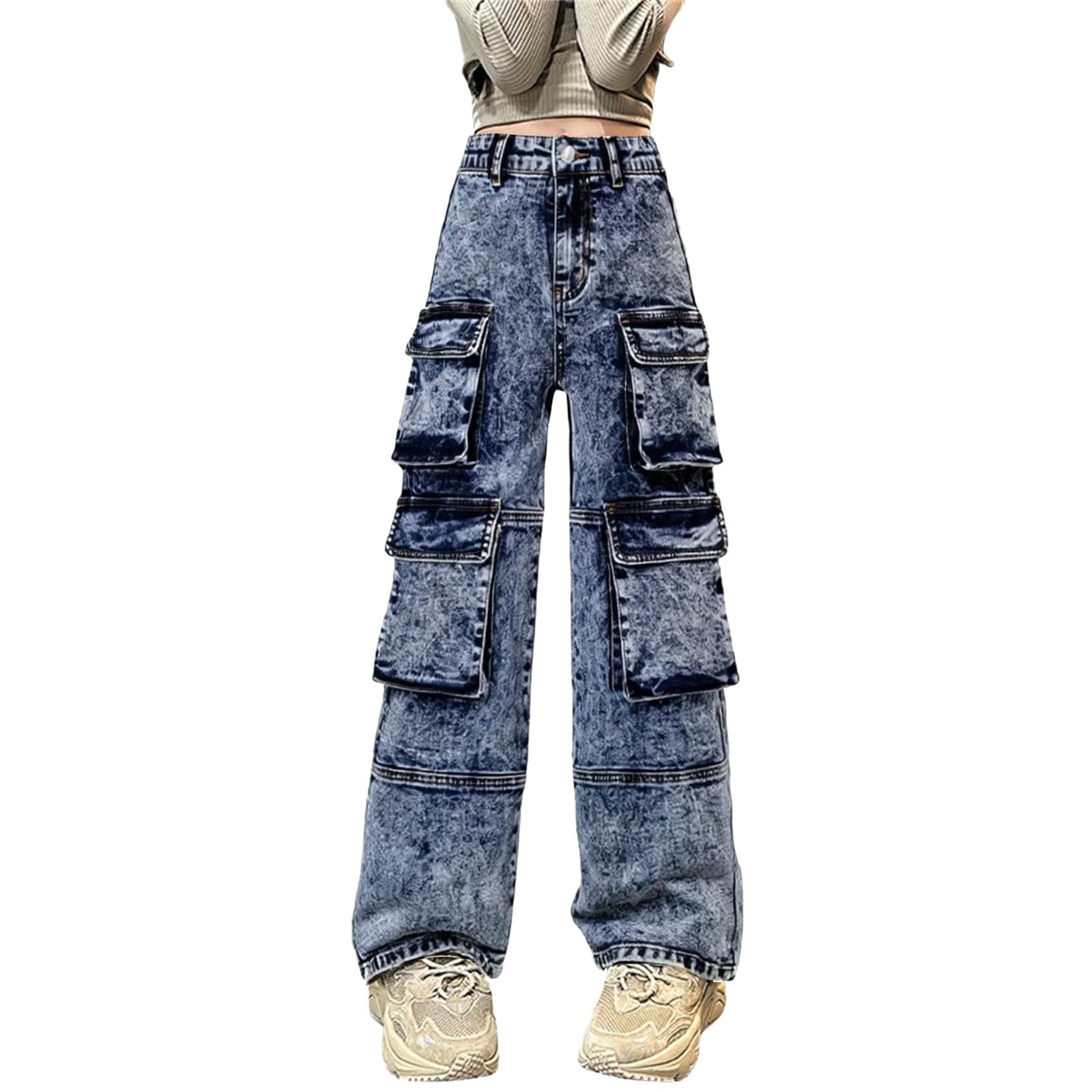 Cargo Pants for Girls Casual Baggy Wide Leg Elastic Waist Jogger Pants Kids Loose Fit Trousers Multi (BU1, 7-8 Years)