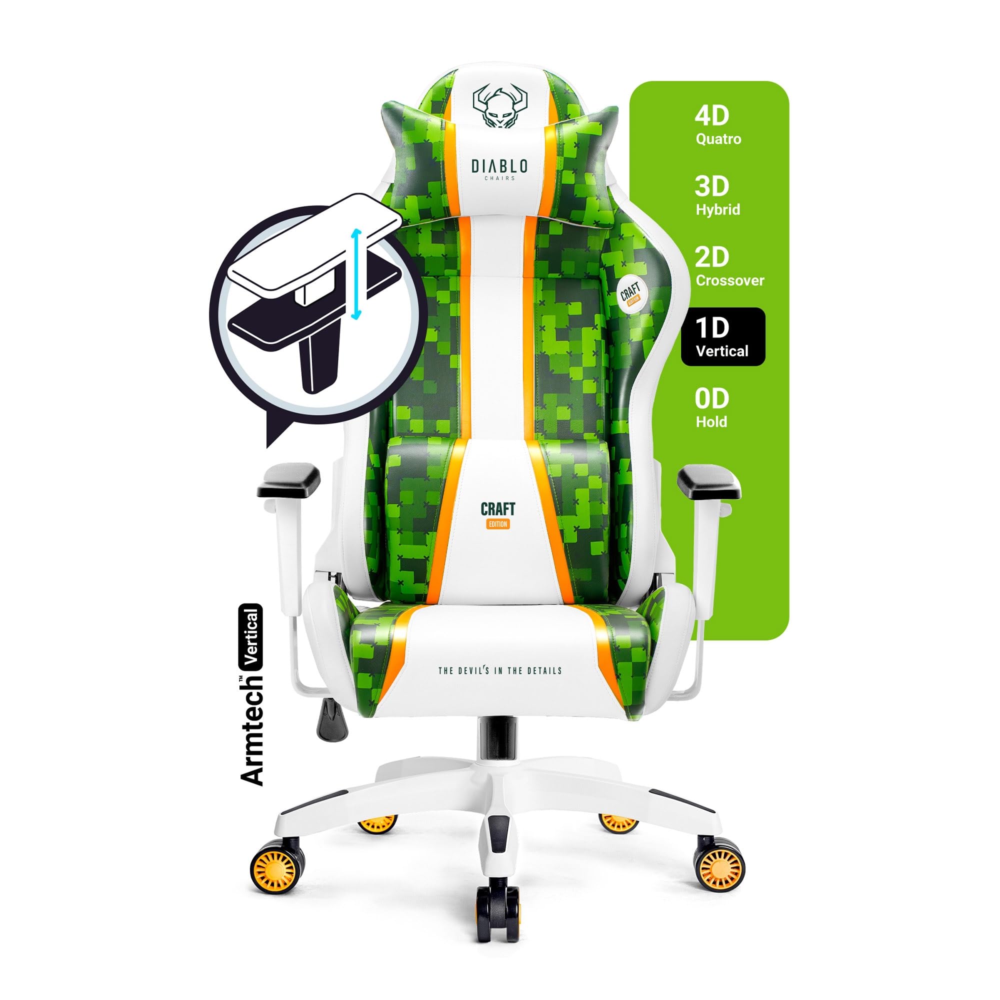 DIABLO Chairs X-One 2.0 Craft Edition Piccola Sedia da Gaming Girevole Sedia da Scrivania Ergonomica con Cuscino Lombare e Poggiatesta Schienale in Ecopelle Regolabile 64x33x120 cm Verde-Bianco