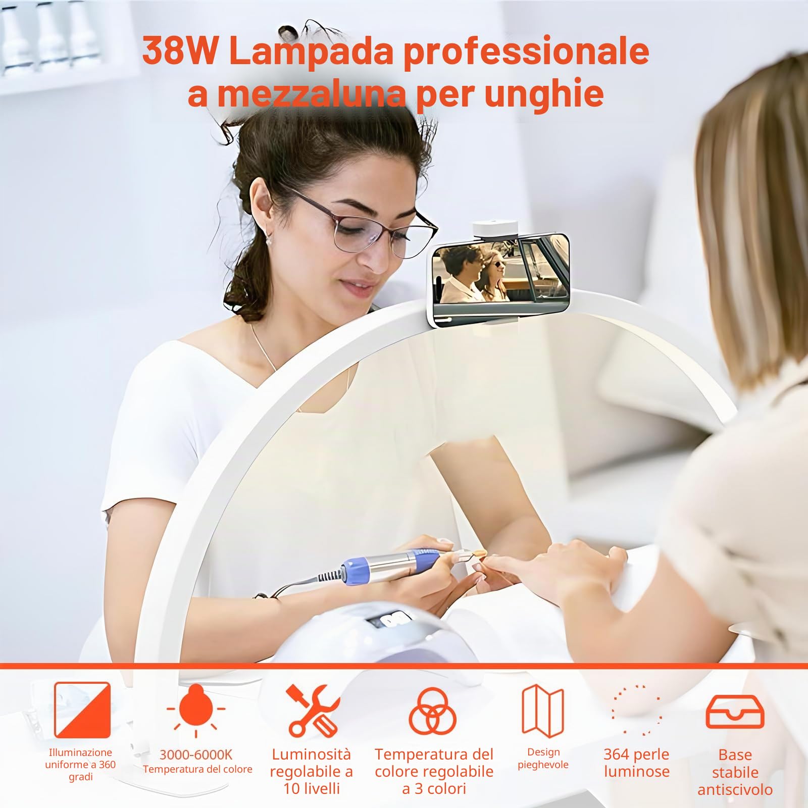 Lampada Mezzaluna per Tavolo per Unghie, Lampada da Tavolo LED Pieghevole per Tecnici delle Unghie con Supporto per Telefono, Lampada da Tavolo per Unghie con 3 Modalità di Colore e 10 Livelli