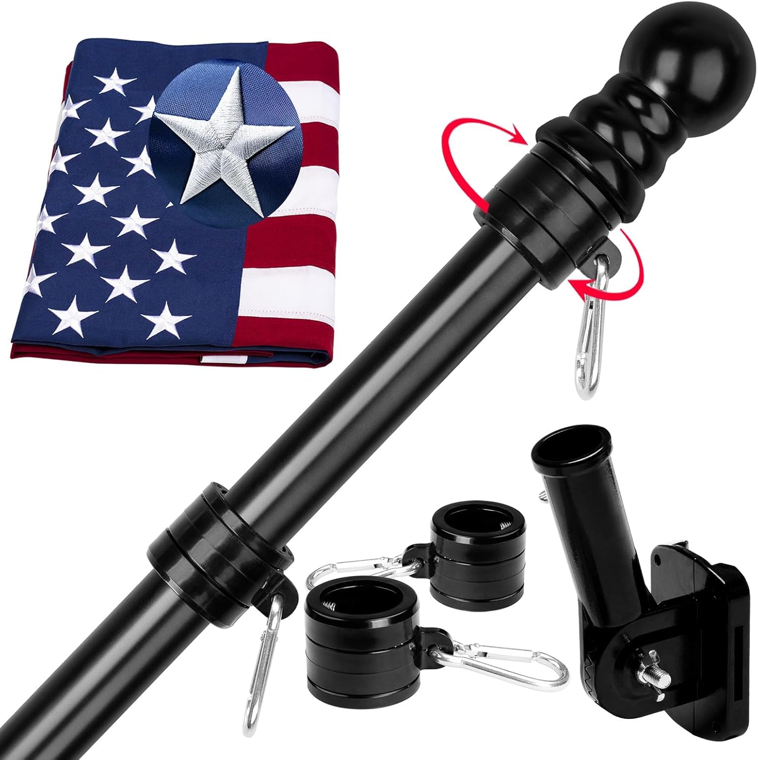 American Flag 3x5 FT with Pole Kit, 6FT Tangle Free Black Flagpole, Heavy Duty Spun Polyester US Flag with Embroidered Stars, Sewn Stripes, Brass Grommets, and Mounting Bracket for Outside House