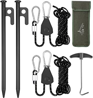 CONBOLA Camping Rope with Tent Stakes Set, 1/8" Adjustable Rope Hanger with Heavy Duty Metal Tent Pegs Tarp Straps Pulley System for Camping,Canopy,Kayak,Plants Grow Light.(4 Pack)