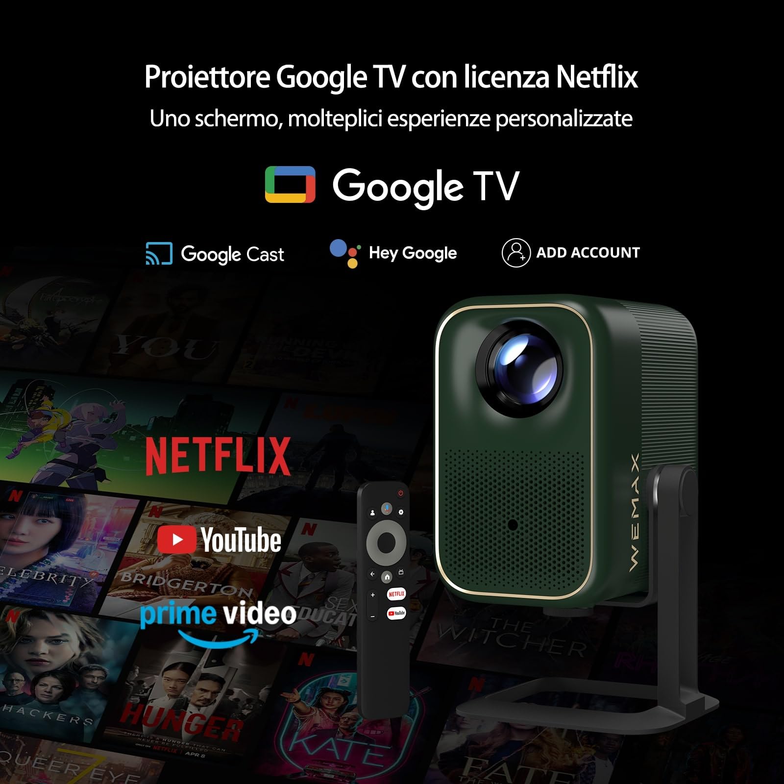 WEMAX Proiettore 4K Smart con Certificazione Netflix & Google TV | Supporto 4K & 1080P Nativo | 320 ISO Lumen, Dolby Audio, HDR10 | WiFi/Bluetooth | Piedistallo Incluso | Home Cinema