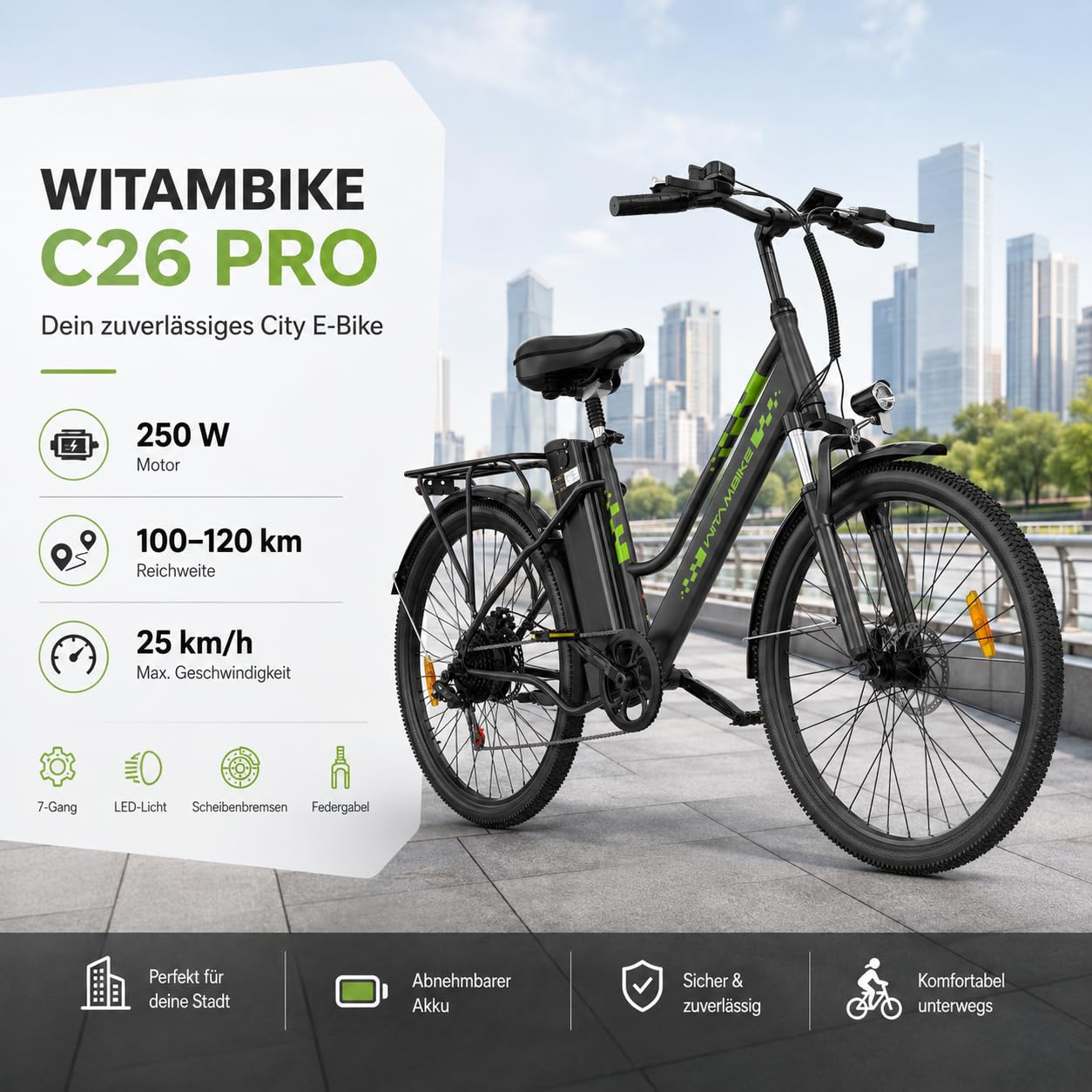 E-Bike 250W Motor 48V20 Akku 7-Gang mit Federdämpfung Scheibenbremsen | 25 km/h Höchstgeschwindigkeit, 100-120 km Reichweite, Scheibenbremsen, Herren & Damen, Stadt & Gelände