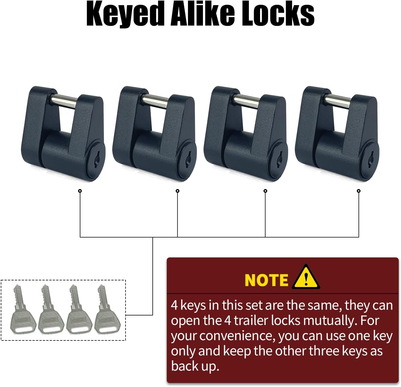 Sutekus Keyed Alike Trailer Coupler Lock, Dia 1/4 Inch, 3/4 Inch Span, Trailer Hitch Lock Heavy-Duty Steel Trailer Tongue Locks for Tow Boat RV Truck Car Coupler (Black 4Pack)