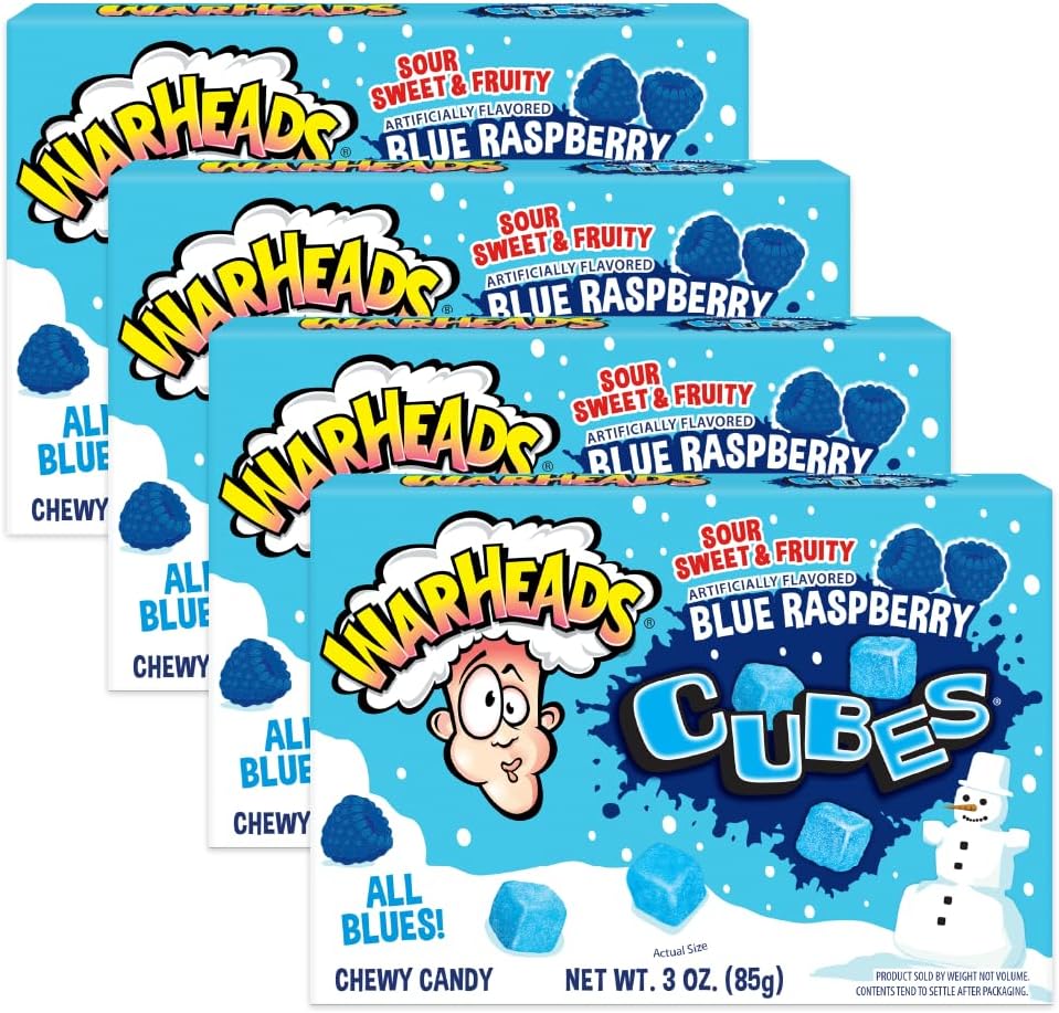Impact Confections - WARHEADS Winter Blue Raspberry Cubes - 3.0 oz Theater Box - 4 pack