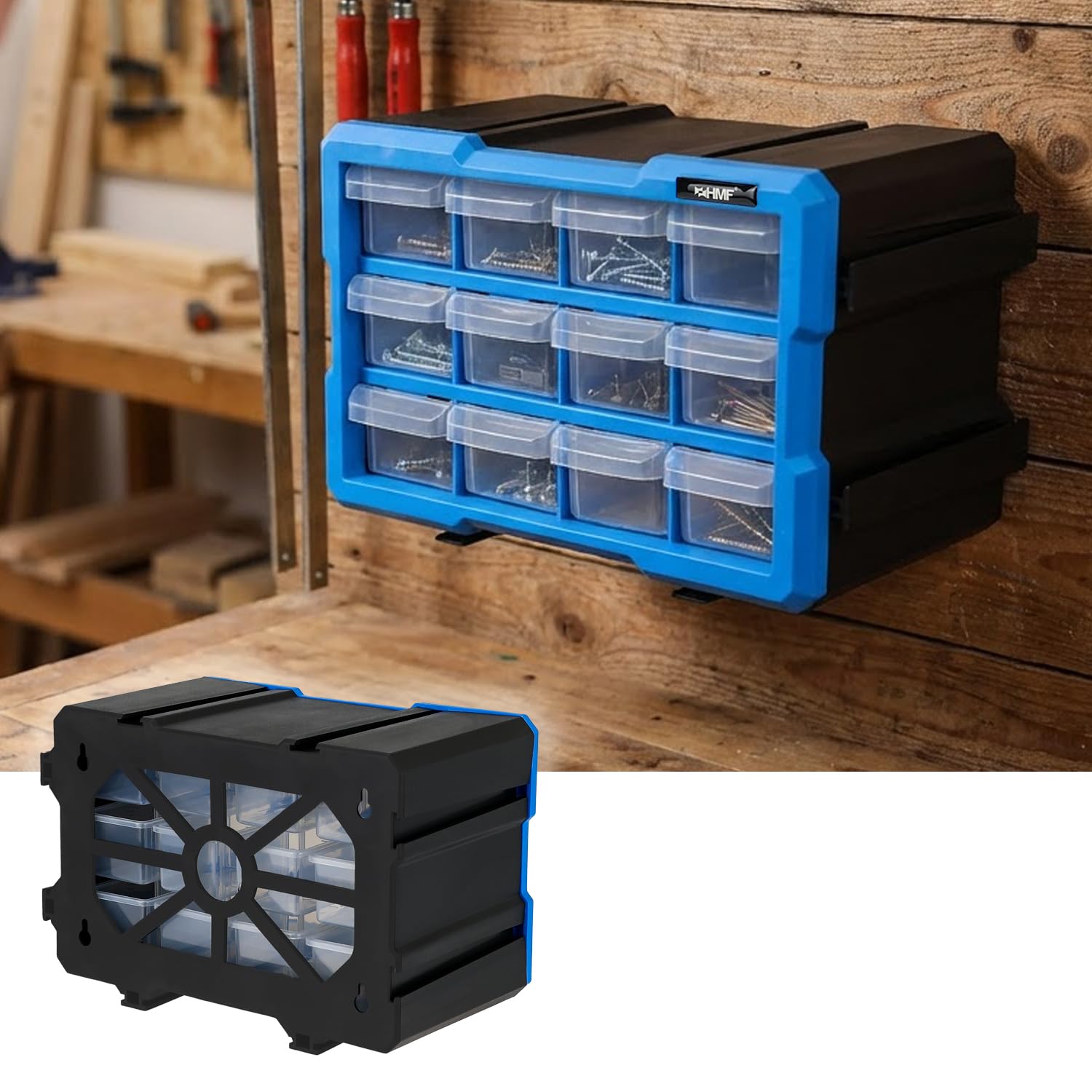 HMF Scatola organizzatrice per minuteria con 12 cassetti, cassettiera portaminuteria espandibile per viti e utensili | 24 scomparti | 29,5 x 19,5 x 16 cm | Blu-Nero