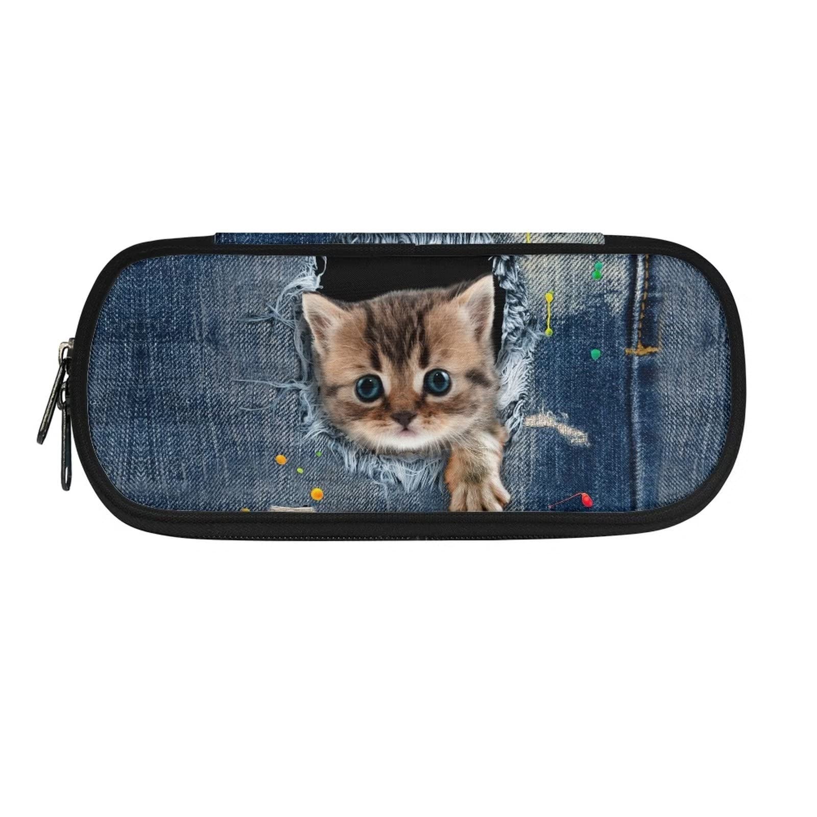 HUGS IDEA Large Pencil Case Blue Denim Pocket Cute Cat Boys Girls School Supplies Zipper Pencil Bag Stationery Organizer Pencil Pouch Holder for Students Teens — image 1