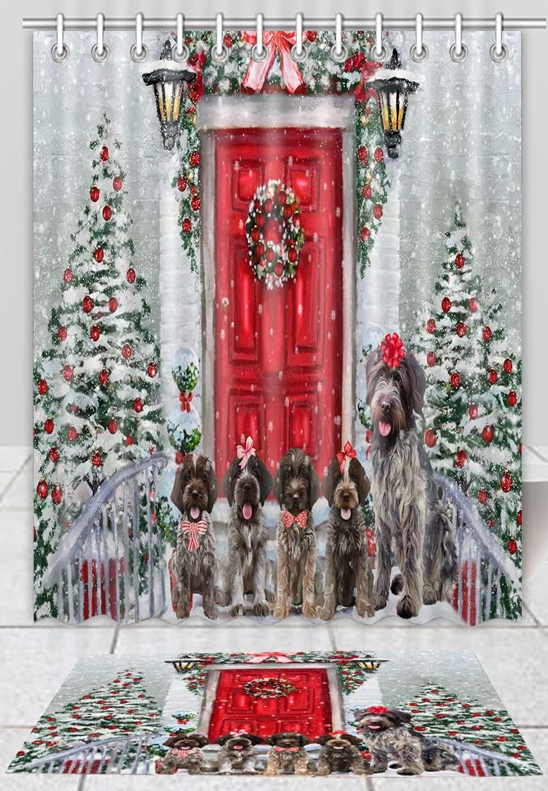 Christmas Time Camping with Wirehaired Pointing Griffon Dog Shower Curtain & Bath Mat Combo - Bathroom Decor Plush Rug Mat Polyester Bathtub Curtain Screens, BM 20''x 32'', SC 72"x72"