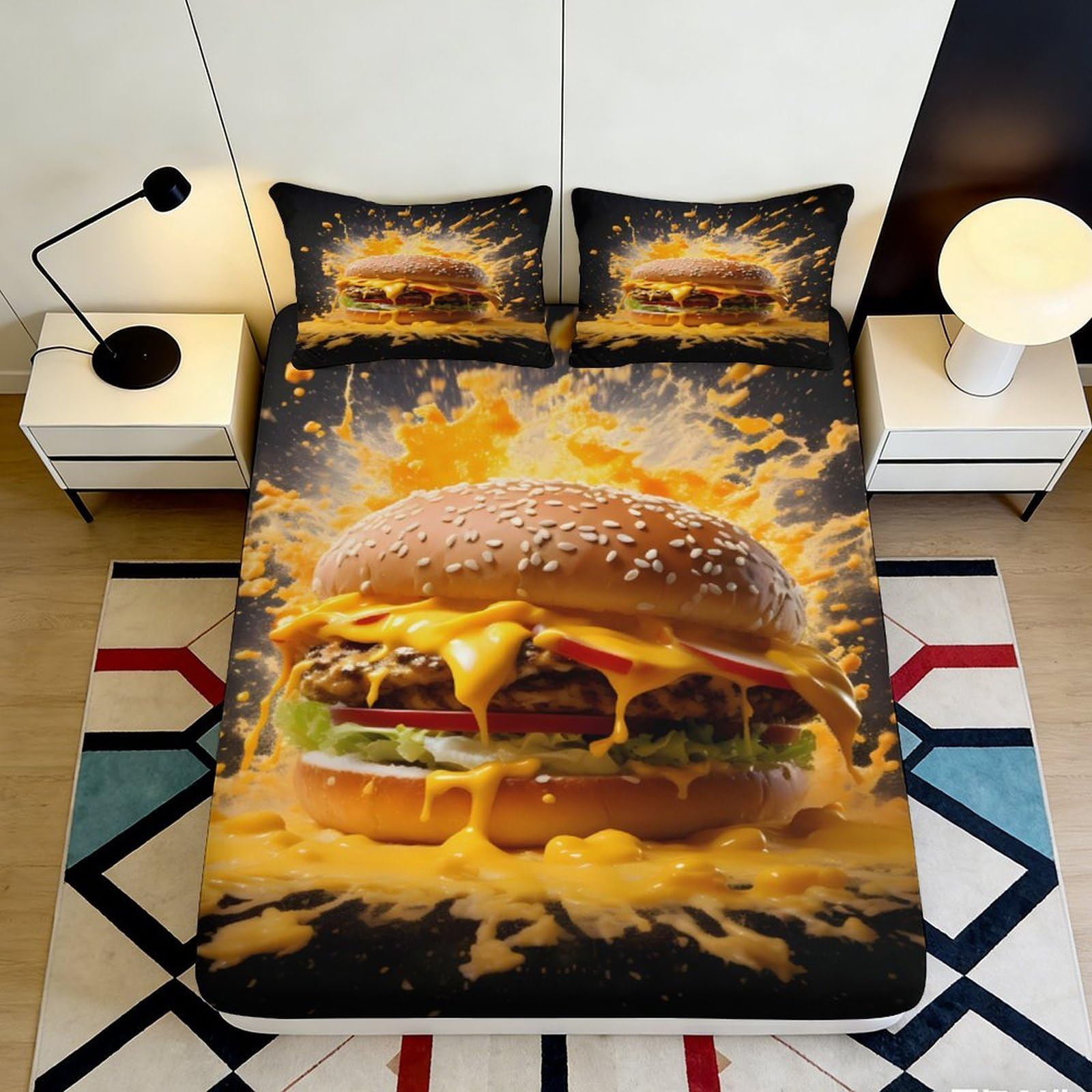 3D Printed Cheeseburger Fitted Sheet Microfiber Soft Breathable Burger Splash Bed Cover for Bedroom Dormitory Guest Room Mattress Protection Decor 140x200x25cm
