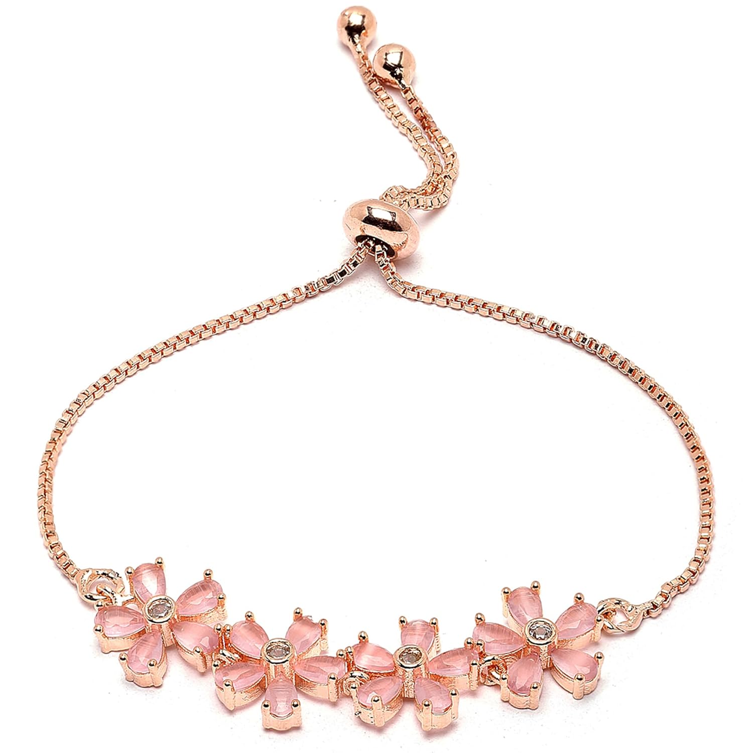 ZENEME Rhodium-Plated Silver Toned American Diamond studded Floral Shaped Link Bracelet Jewellery for Girls and Women (Lime Green)