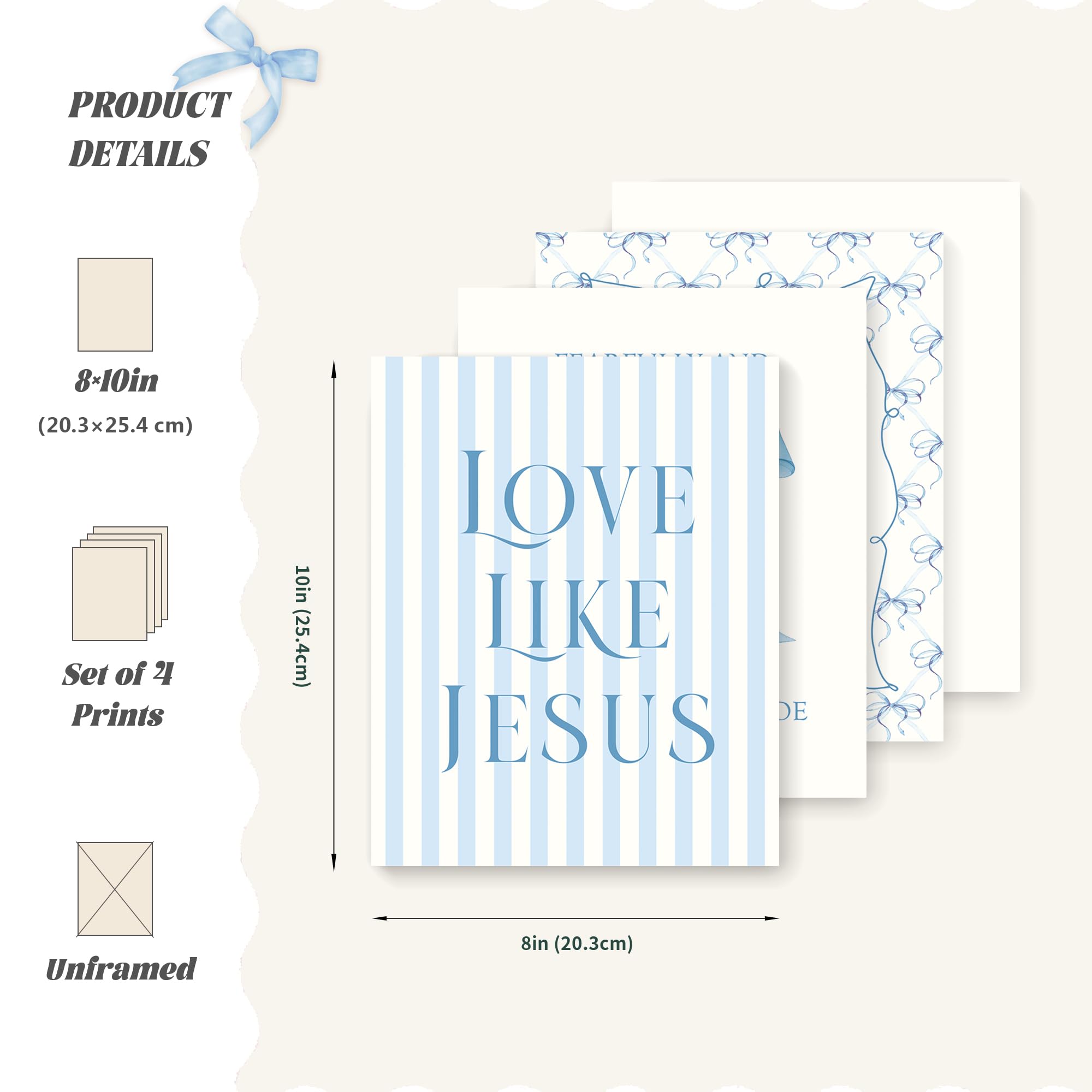 LARTSFRO Coquette Blue Bow Jesus Wall Art Decor Posters, Light Blue Bow Christian Room Bedroom Bathroom Dorm Wall Art Decor Aesthetic for College Teen Girls Gifts, Inspirational Bible Verses Bow Wall Decor, 10x8 Inch Set of 4 Bow Pictures(UNFRAMED)