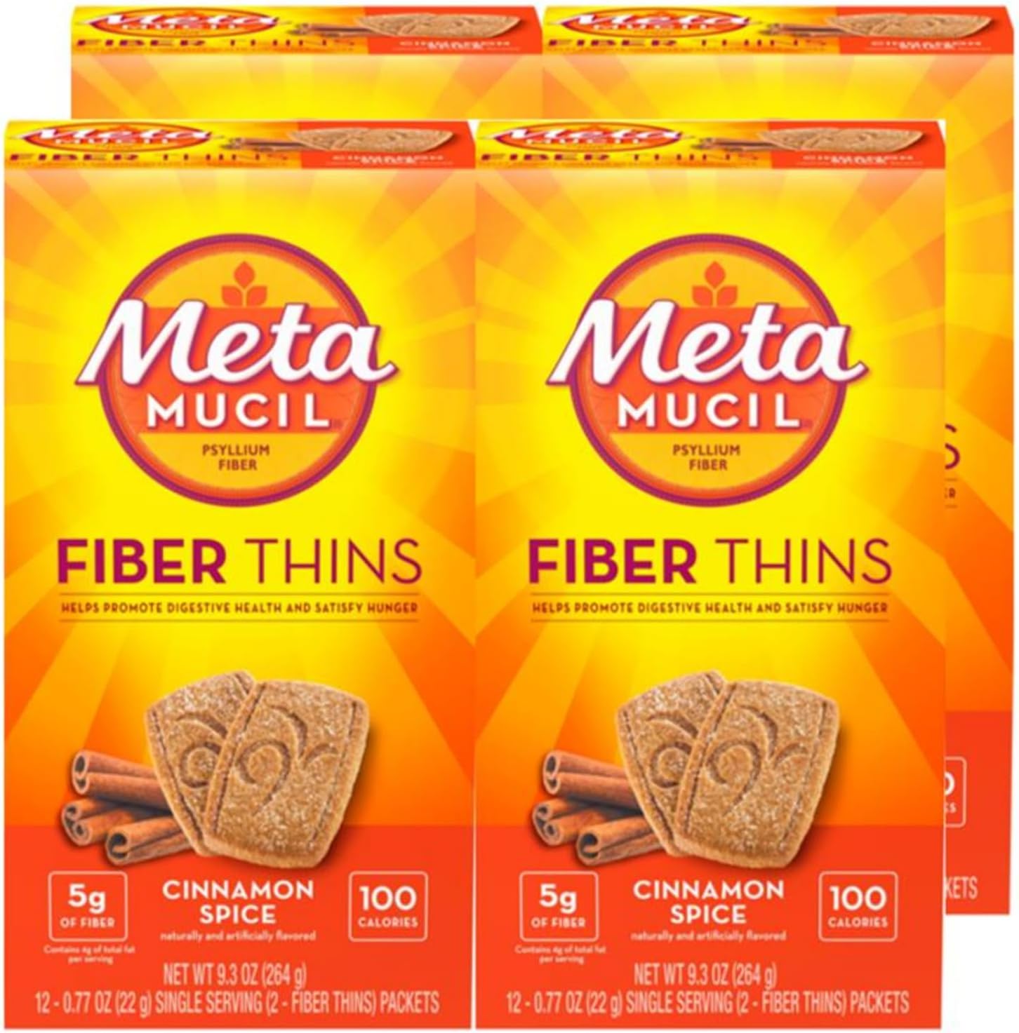 Fiber Thins, Daily Fiber Supplement Snack, Psyllium Husk Powder, 5g Fiber per Serving, Supports Digestive Health and Satisfies Hunger, Cinnamon Spice Flavor, pack of 4, 12 Servings each