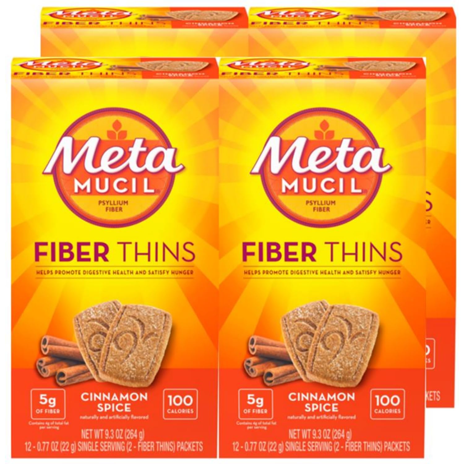 Metamucil Fiber Thins, Daily Fiber Supplement Snack, Psyllium Husk Powder, 5g Fiber per Serving, Supports Digestive Health and Satisfies Hunger, Cinnamon Spice Flavor, pack of 4, 12 Servings each