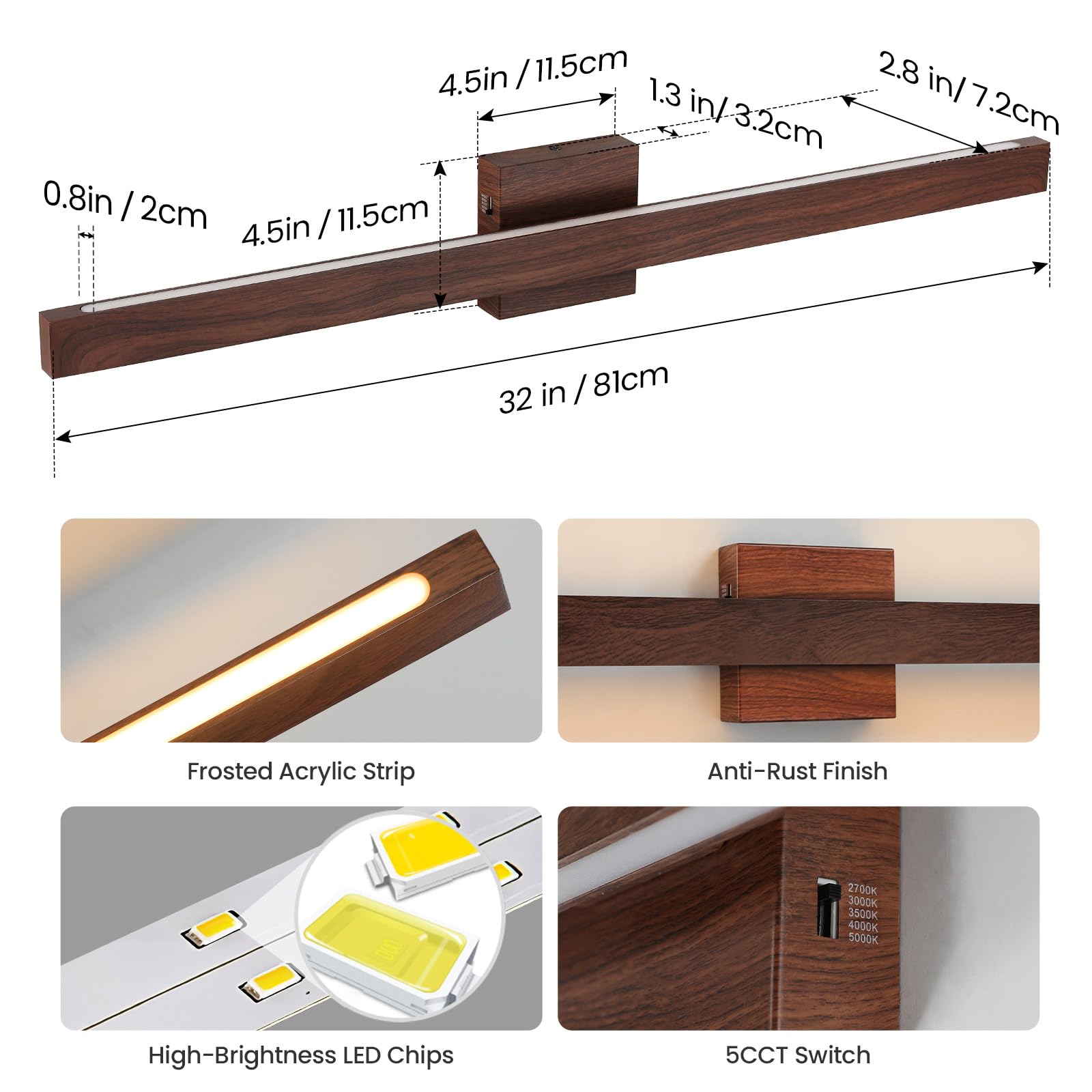 Moderna lampada da bagno sopra lo specchio, 81 cm, finitura in legno marrone, barra luminosa da 26 W, dimmerabile, 5 CCT, luci LED per illuminazione da parete del bagno sopra lo specchio