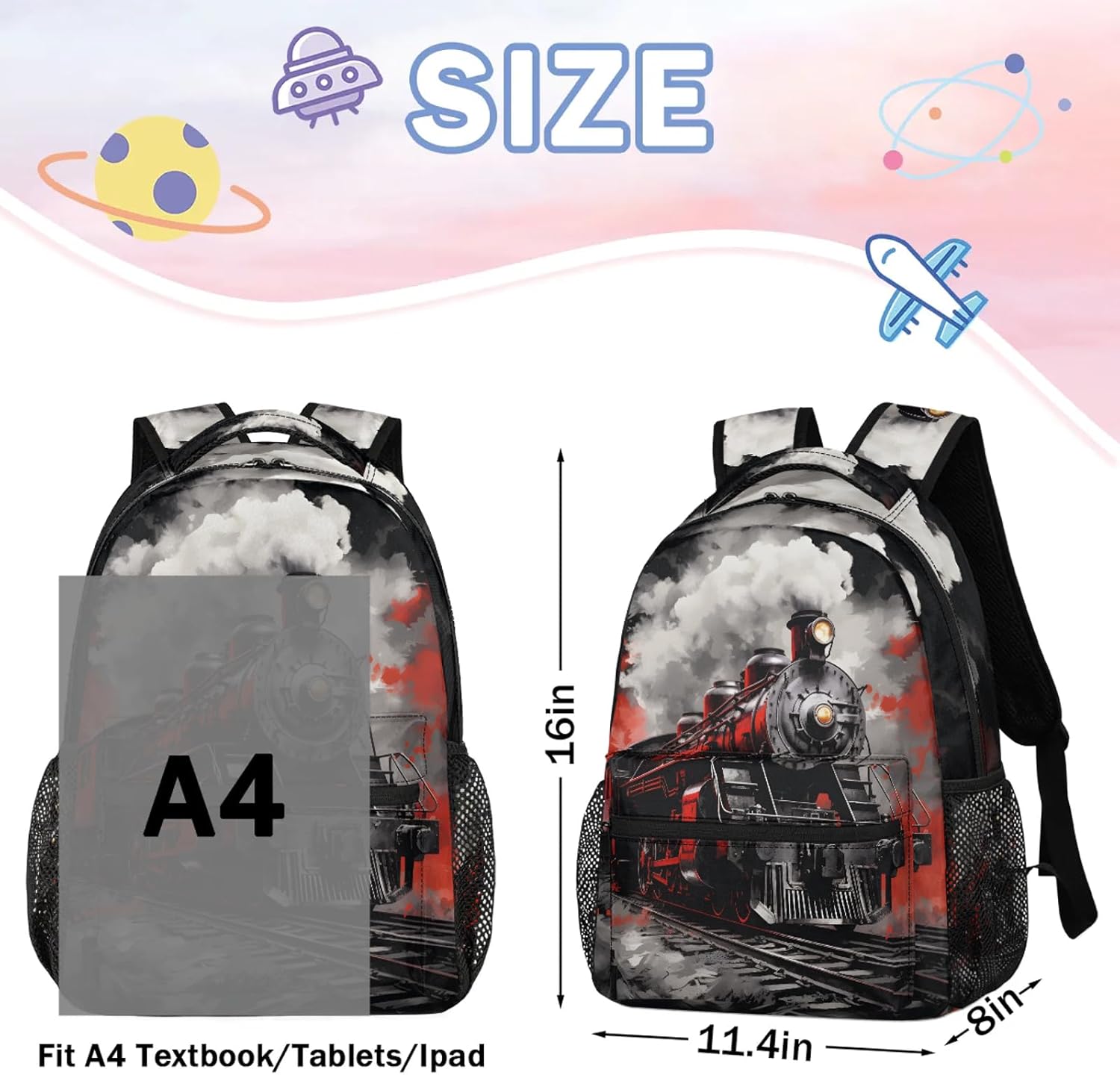 Kids Backpack for Girls - 16" Locomotive Train School Backpack Lightweight Waterproof Elementary Schoolbag Kindergarten Book Bag Travel Daypack for Students