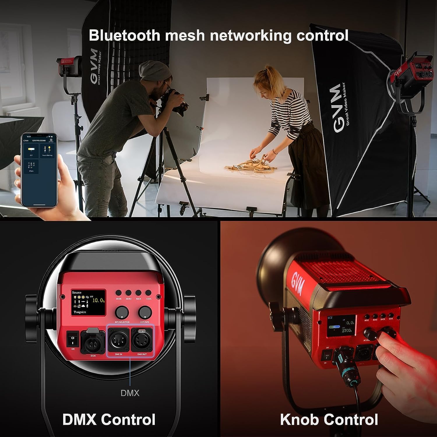 GVM 300W LED Videoleuchte mit Softbox, 2700K-6800K Bi-Color Fotografie Dauerlicht mit DMX/APP Steuerung, 65000Lux/1m COB Studiolicht für Foto Video YouTube Streaming Film 12 Lichteffekt CRI97+