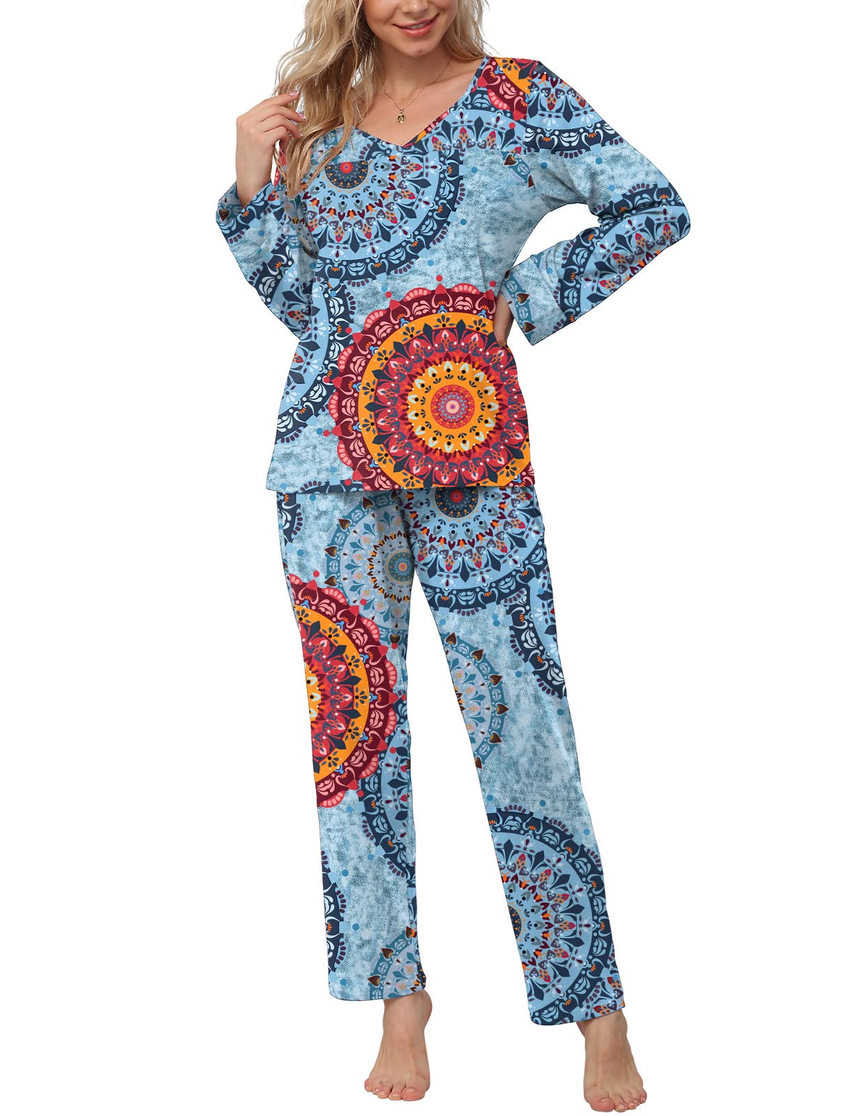 POKWAI Fall Winter Womens Pajama Sets Soft Comfy Long Sleeve Tops and Pants with Pockets 2 Piece Pj Sleepwear