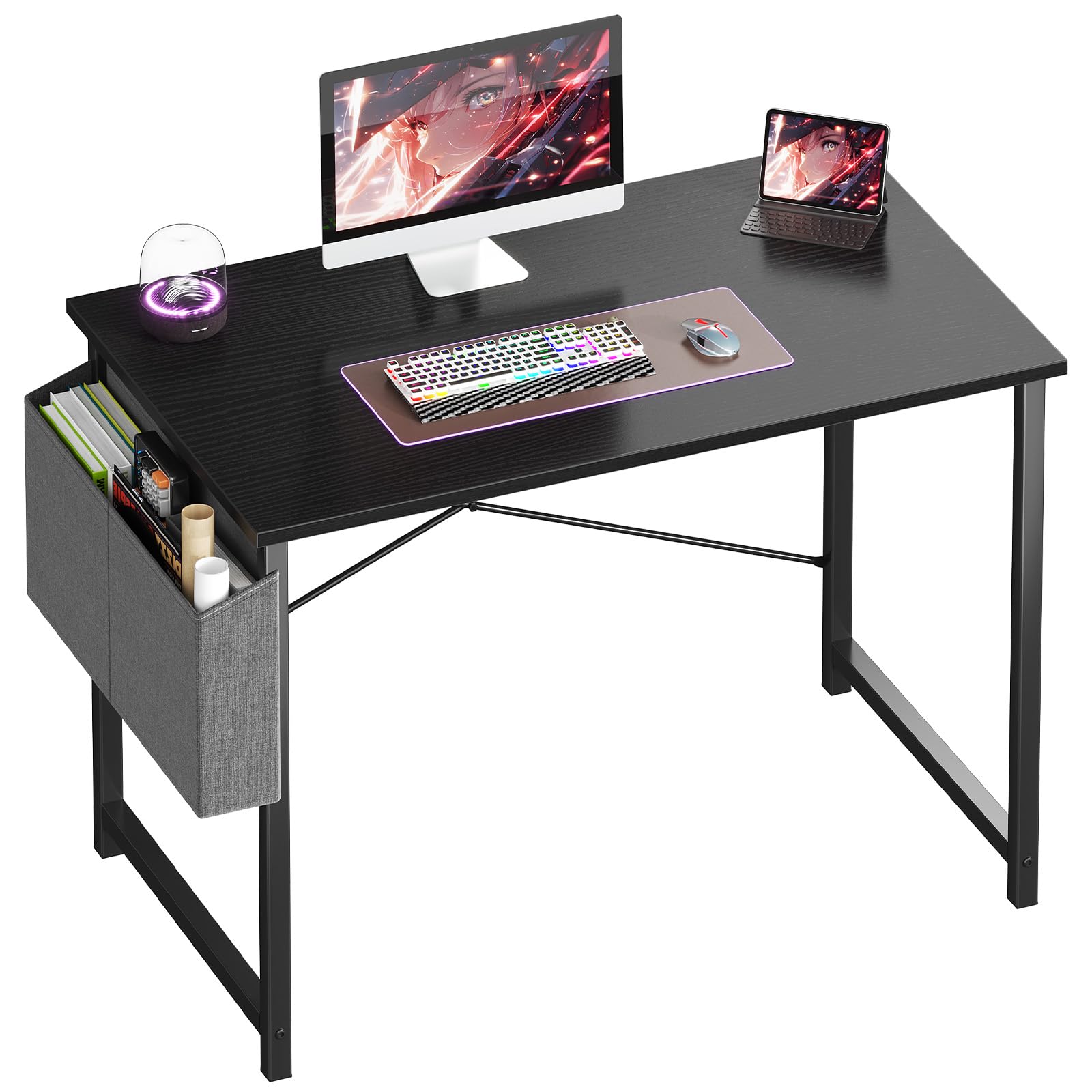 olixis computer desk 40 inch home office desks for small spaces, gaming writing study work table with storage bag for bedroom, black