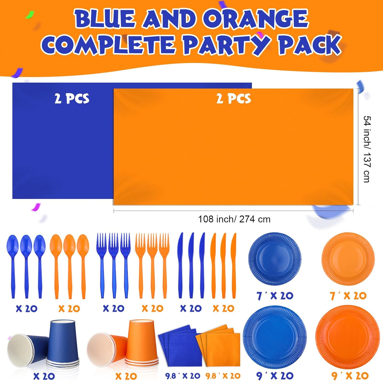 Sieral 284 Pieces Orange and Blue Birthday Party Supplies Paper Plates Napkins Cups Spoons Forks Knives Tablecloth Disposable Tableware for Target Sign Wart War Blue Birthday Party(284 Pieces)