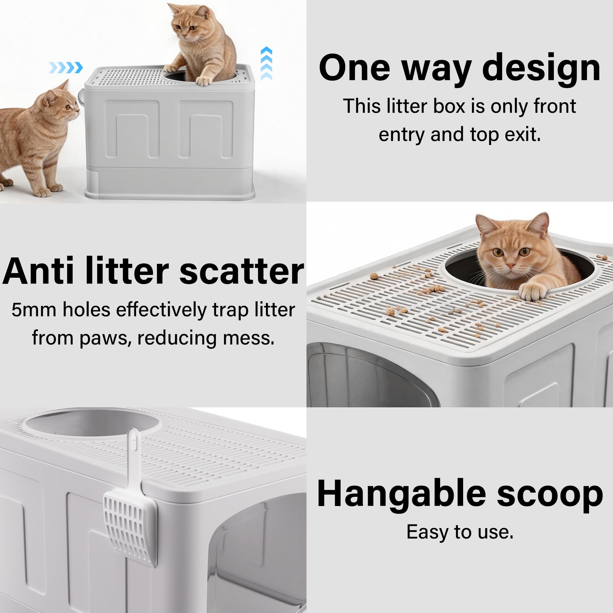 Caja de Arena Grande para Gatos, Caja de Arena Plegable con Tapa, Cuchara, Puerta con Solapa, Bandeja Deslizante para una fácil Limpieza, Bandeja Grande con Capucha antisalpicaduras para Gatos