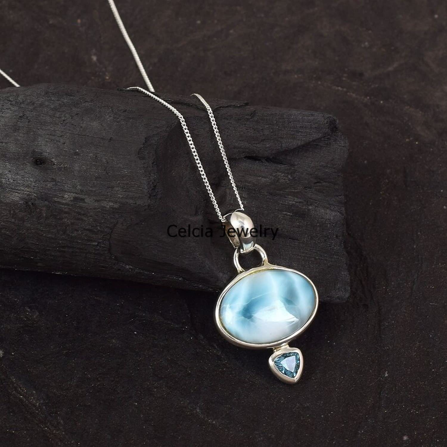 Collar de plata de ley 925 maciza para mujer, larimar genuino y topacio azul con múltiples piedras preciosas, collar único hecho a mano para ella