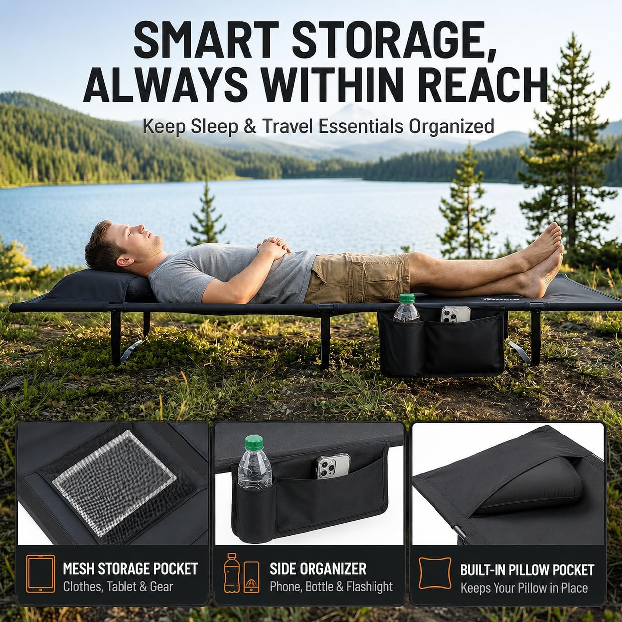 Overmont Portable Camping Cot for Adult - Ultralight with Pillow Pocket