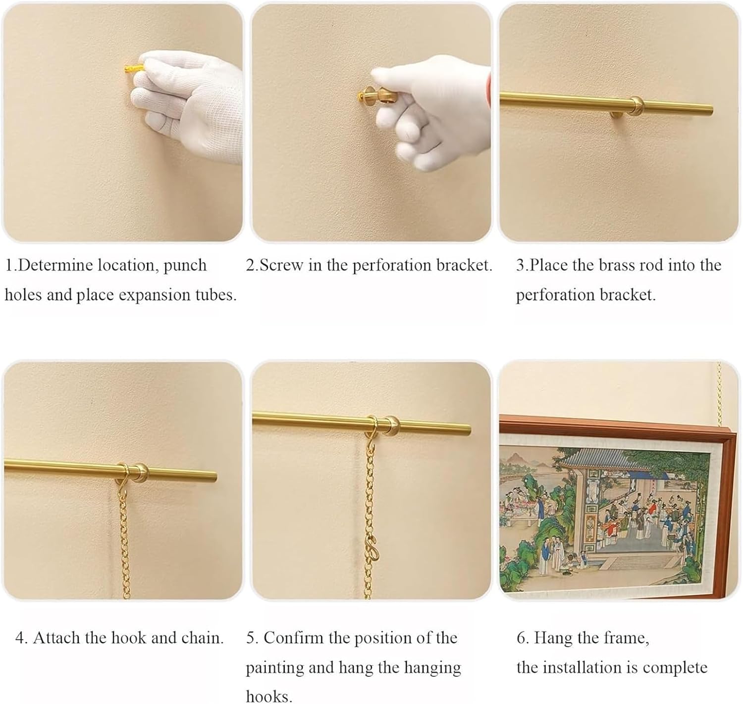 Picture Rail Hanging System Brass Picture Hanging Wire Kit,Indoor Rail System Customizable,Home Studio Exhibitions Wall Painting Hanger Rod,Brass Gallery Kit for Art Frames(70CM)