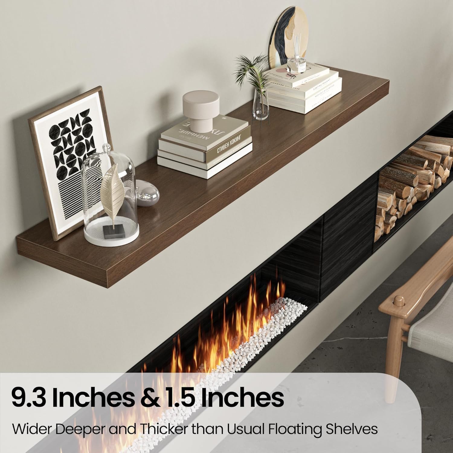 Floating Shelves for Wall, 48"W x 9.3"D x 1.5"H, Long Wooden Wall Mounted Display Shelves with Invisible Brackets for Living Room, Bedroom, Bathroom, Kitchen Decor and Storage, Set of 2, Walnut