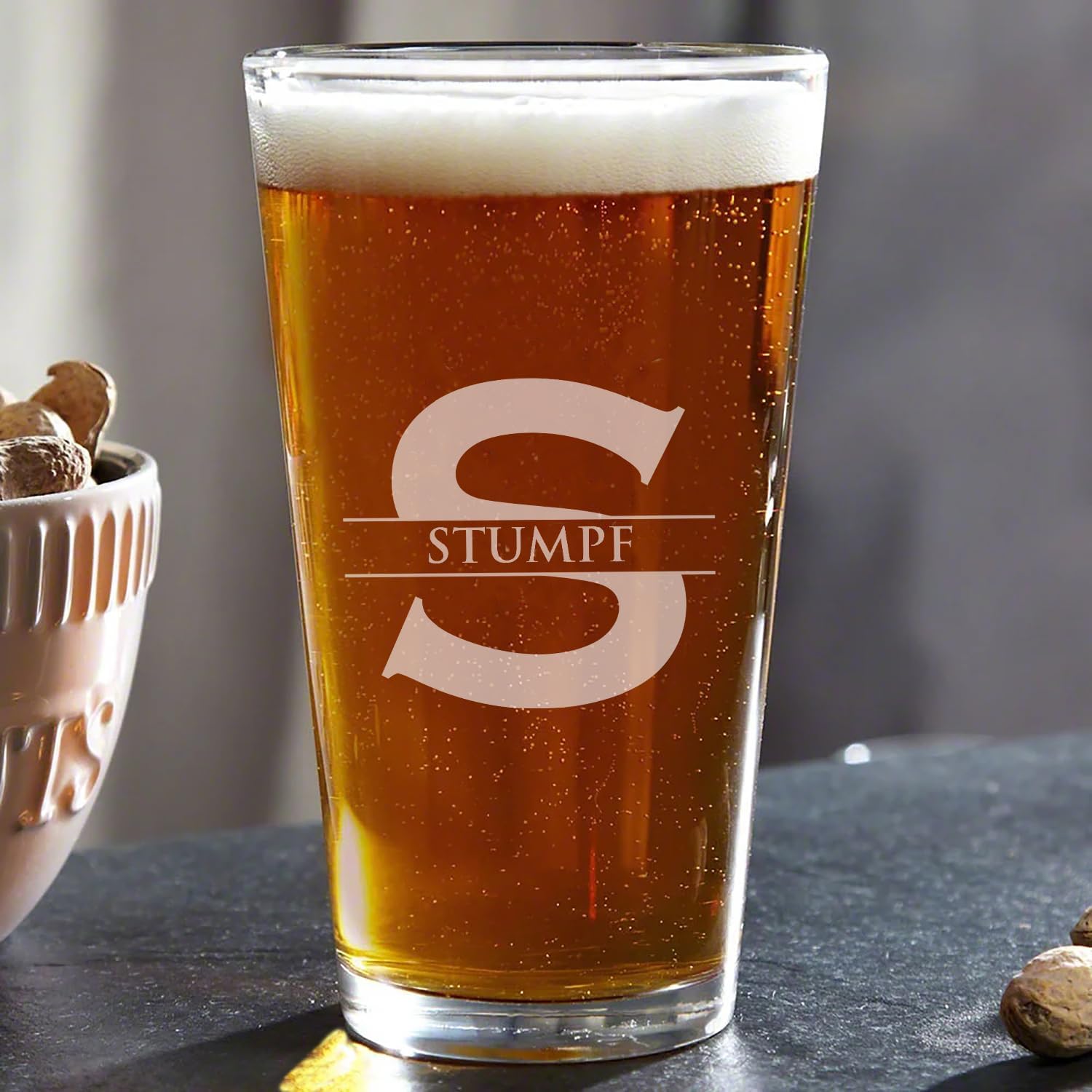 Customized Engraved Laser Printed Glasses w/Slate Coaster Set of 4 (FOUR) for Beer, Personalized Coaster Set, Customized Drinking Glasses