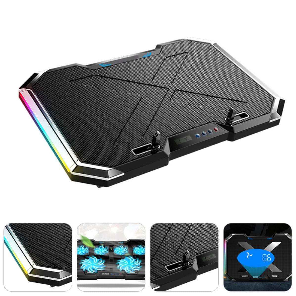 HOMSFOU USB Laptop Kühler mit RGB Beleuchtung Höhenverstellbarer Gaming Laptop Kühlständer aus Legierung mit Großem Lüfter und 7 Winkel Verstellung für Leises Arbeiten