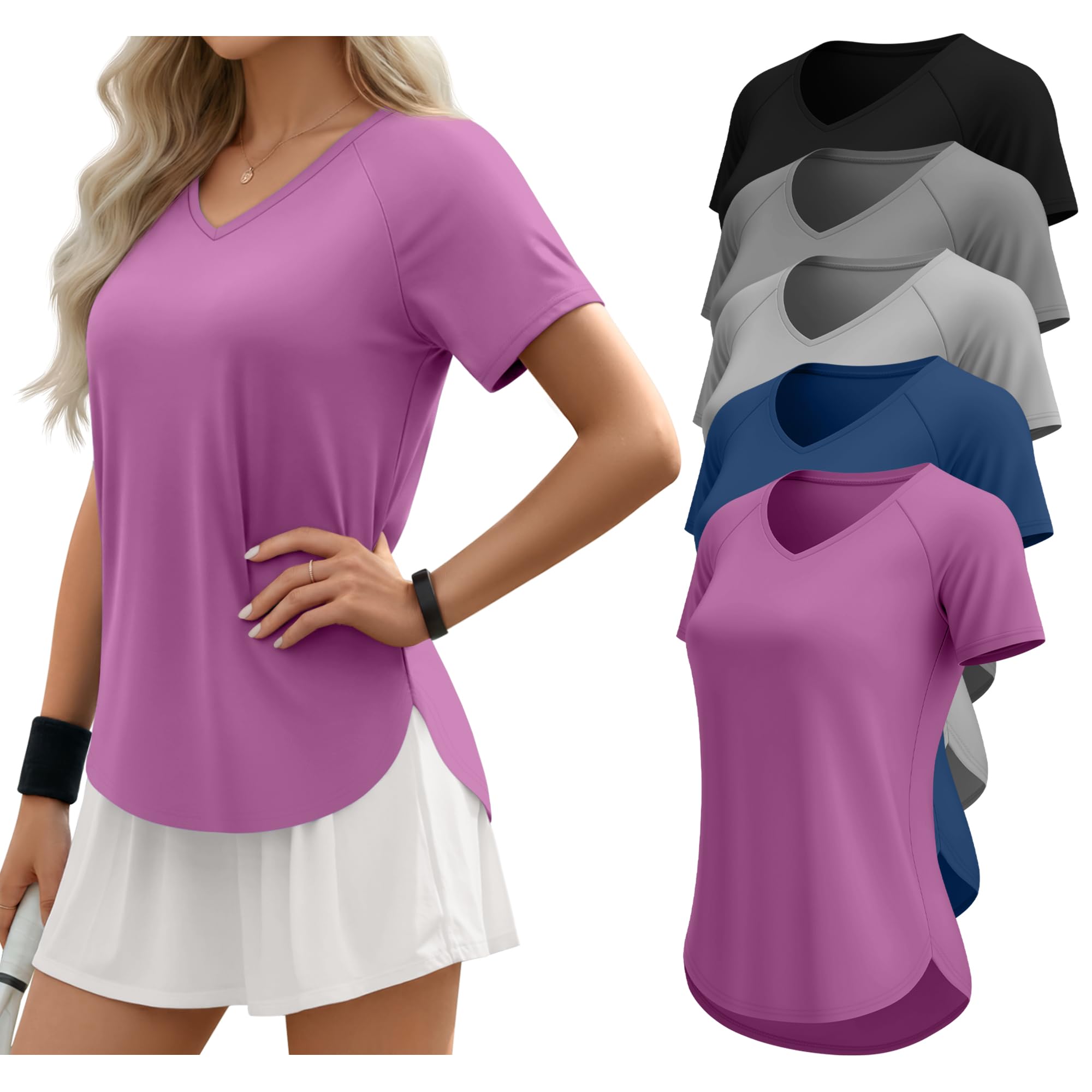 5 Pack Women Workout T-Shirts Quick Dry UPF 50 Sun Protection Yoga Gym V Neck Raglan Tops Side