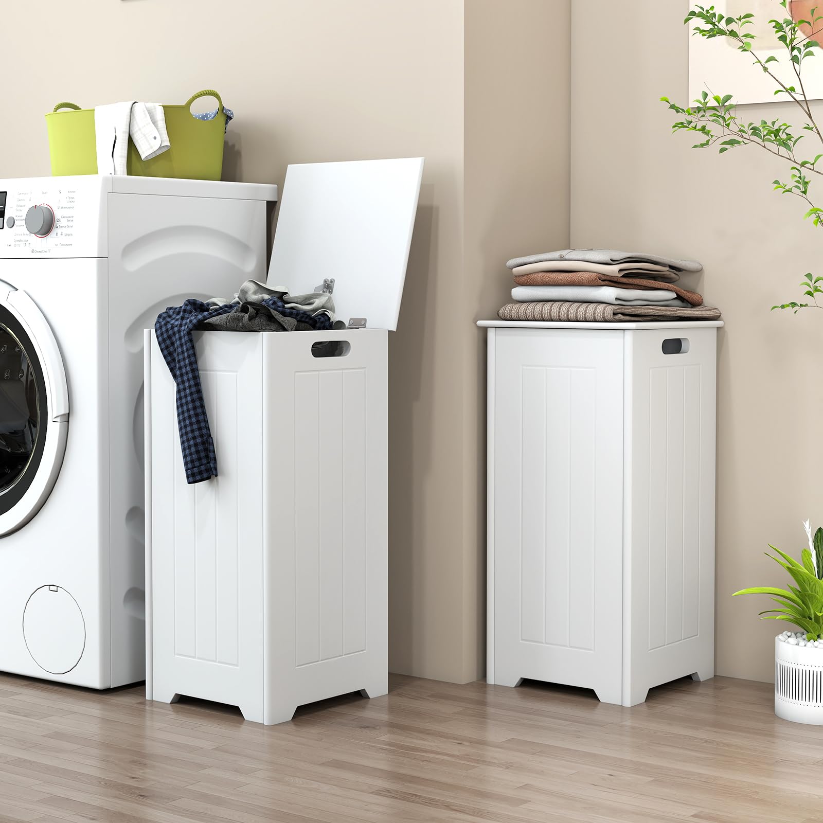 HOMASIS 35L/28L Secchio per Lavanderia da Bagno, Cesto Portabiancheria con Coperchio in Legno, Cesta Panni Sporchi Salvaspazio per il Bucato, 30 x 30 x 61 cm, Bianco (Modello 2, con Tasca)