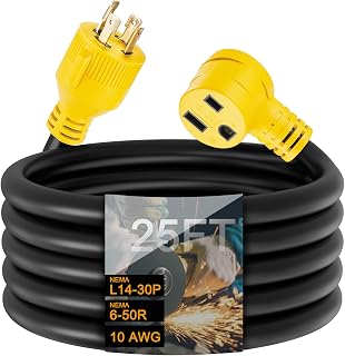7.6m(25피트) NEMA L14-30P - 6-50R 용접기 어댑터 플러그 연장 코드, 4 프롱 30 Amp 트위스트 락 발전기 수-3 프롱 50 Amp 용접기 암 코드, 10 AWG, 튼튼함, ETL 등록