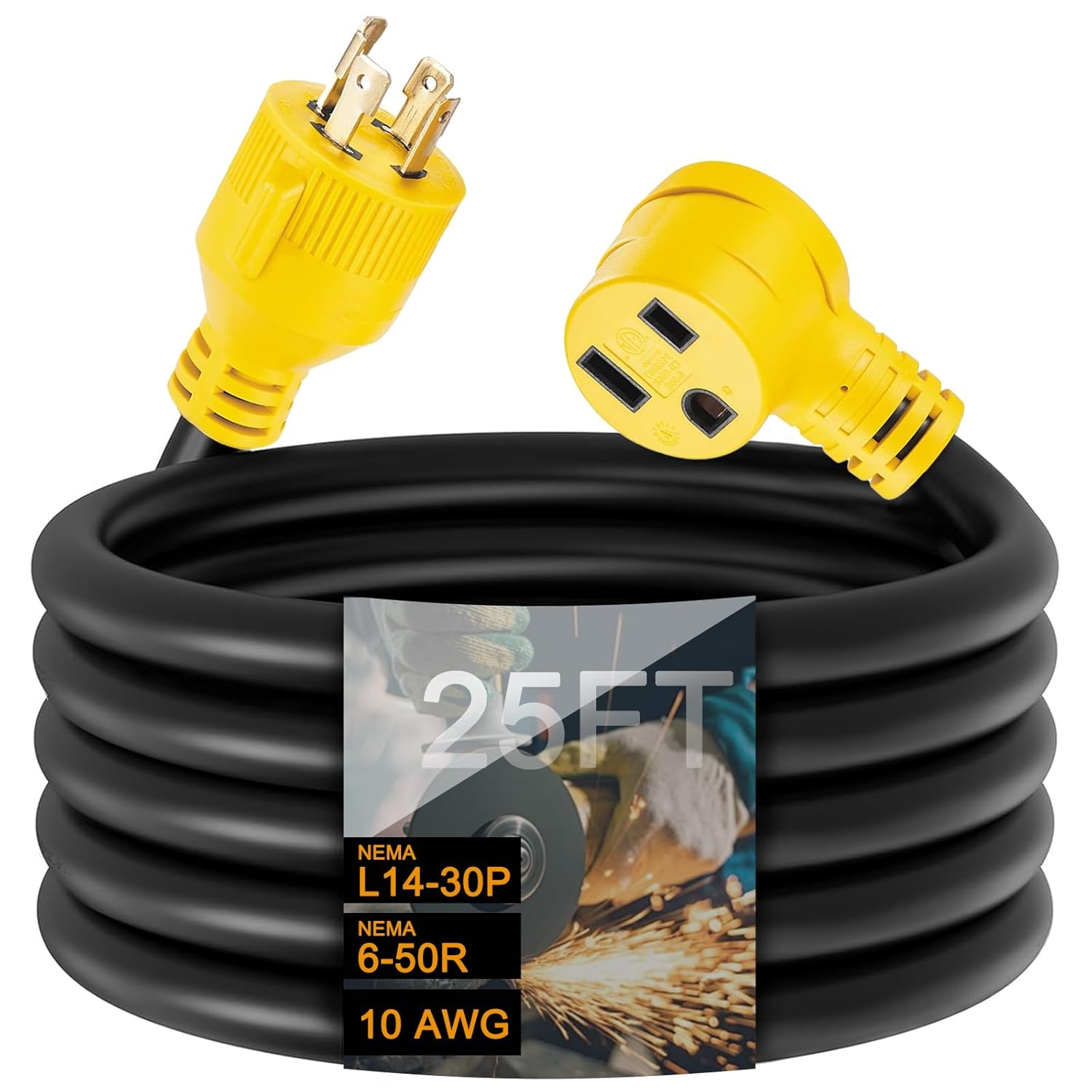 25 FT NEMA L14-30P to 6-50R Welder Adapter Plug Extension Cord, 4 Prong 30 Amp Twist-Lock Generator Male to 3 Prong 50 Amp Welder Female Cord, 10 AWG, Heavy Duty, ETL Listed