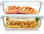 Luvan paquet de 2 1520Ml Grand récipient en verre Entreposage des aliments, prépa hermétiquement avec coffret à lunch BPA Gratuit & Fuite-Proof pour Micro-ondes, Four, Réfrigérateur et Lave-vaisselle Safe
